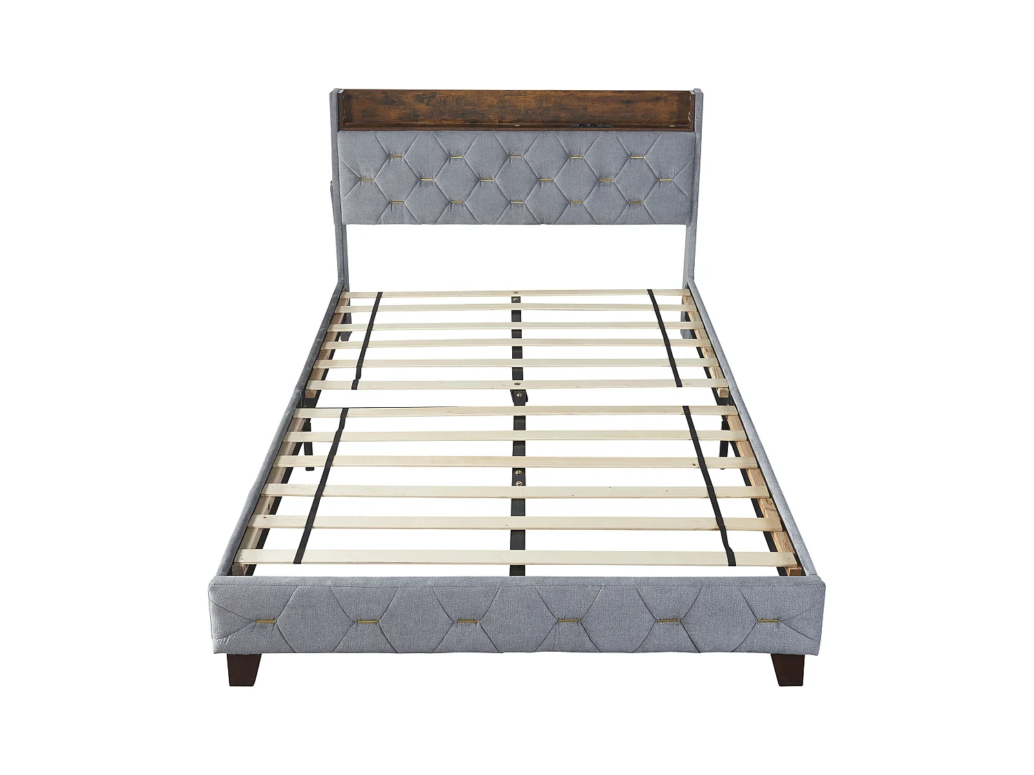 Lit adulte rembourré 160x200cm, lit double plat en velours cardamome, avec tête de lit de rangement et prise USB, sommier à lattes, Gris