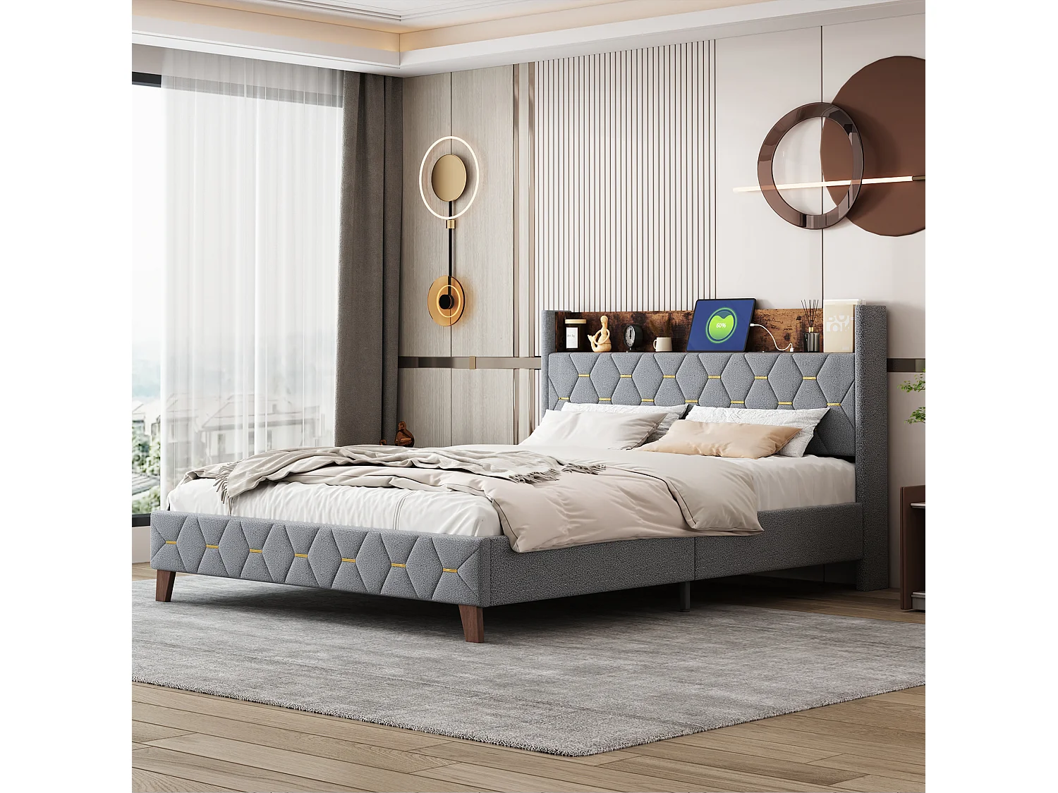 Lit adulte rembourré 160x200cm, lit double plat en velours cardamome, avec tête de lit de rangement et prise USB, sommier à lattes, Gris