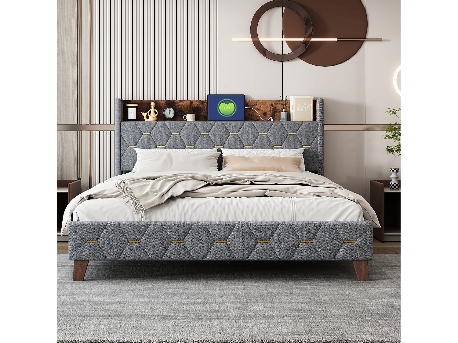 Lit adulte rembourré 160x200cm, lit double plat en velours cardamome, avec tête de lit de rangement et prise USB, sommier à lattes, Gris