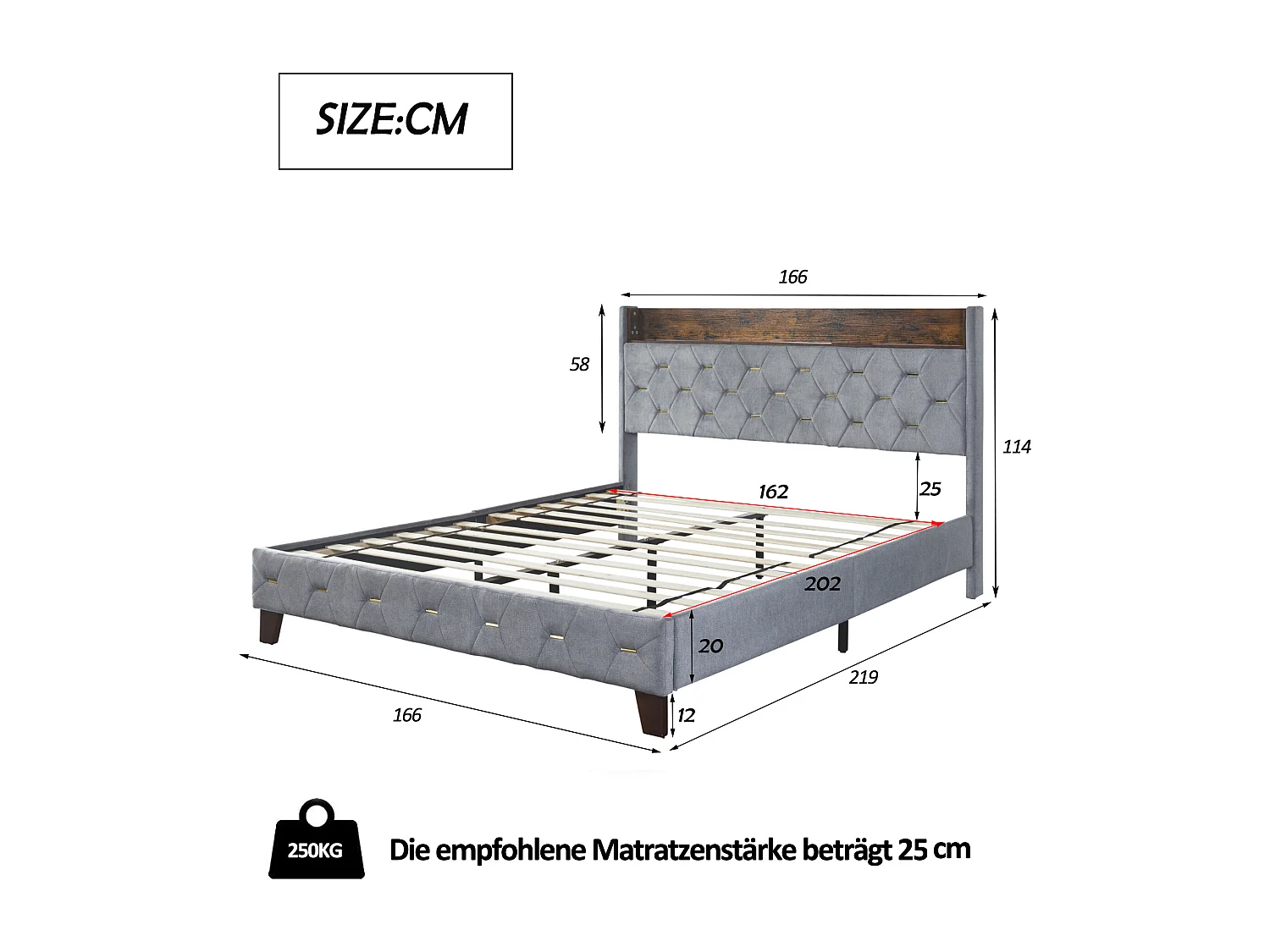 Lit adulte rembourré 160x200cm, lit double plat en velours cardamome, avec tête de lit de rangement et prise USB, sommier à lattes, Gris
