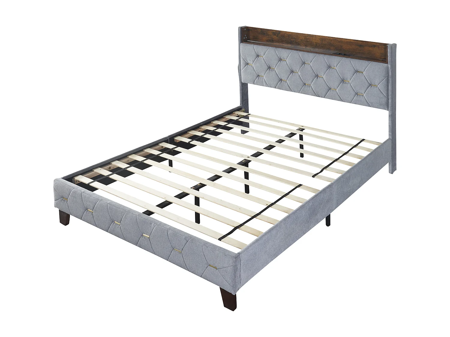 Lit adulte rembourré 160x200cm, lit double plat en velours cardamome, avec tête de lit de rangement et prise USB, sommier à lattes, Gris