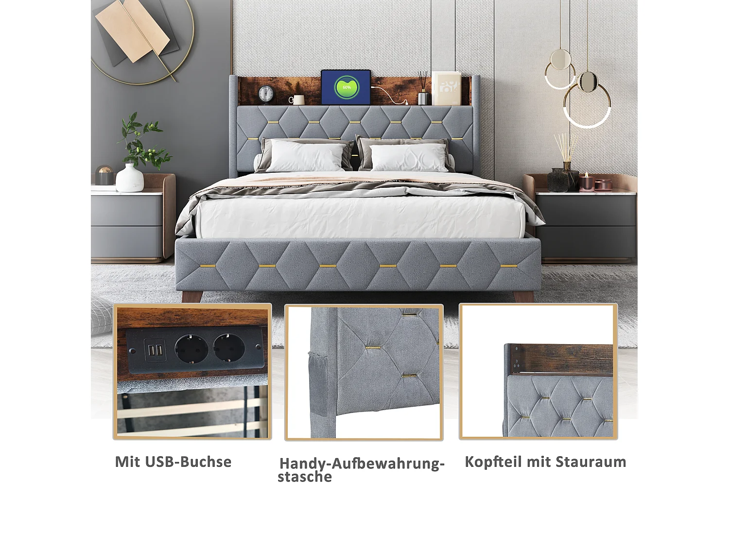 Lit adulte rembourré 160x200cm, lit double plat en velours cardamome, avec tête de lit de rangement et prise USB, sommier à lattes, Gris