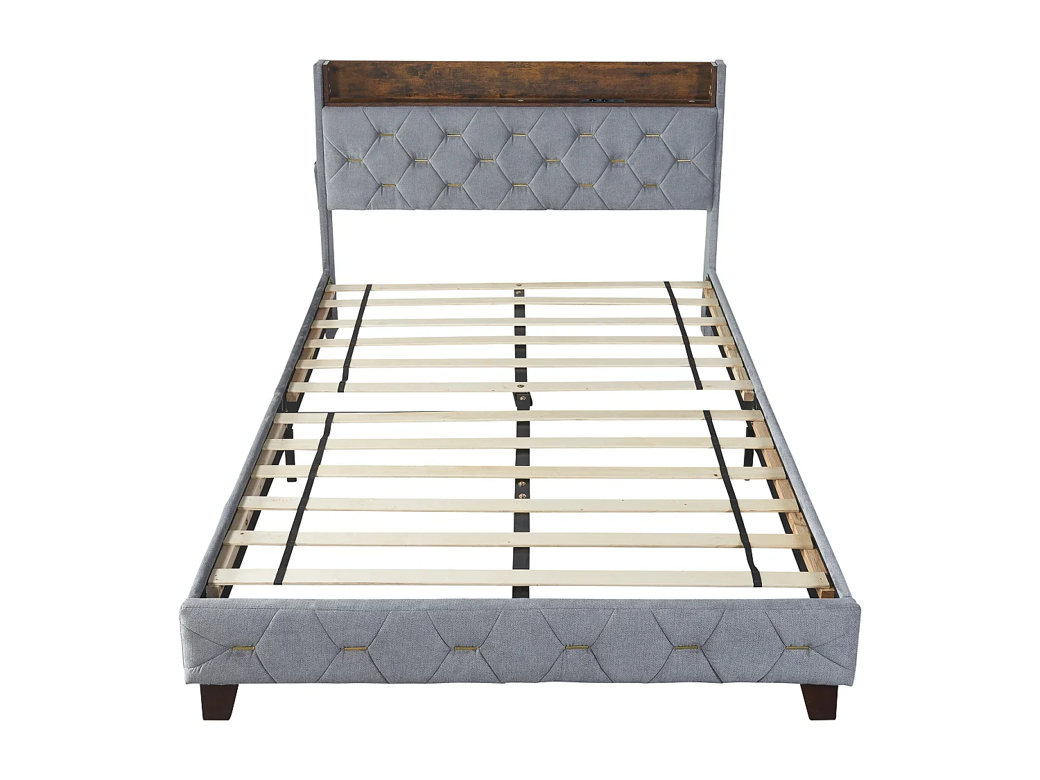 Lit adulte rembourré 160x200cm, lit double plat en velours cardamome, avec tête de lit de rangement et prise USB, sommier à lattes, Gris