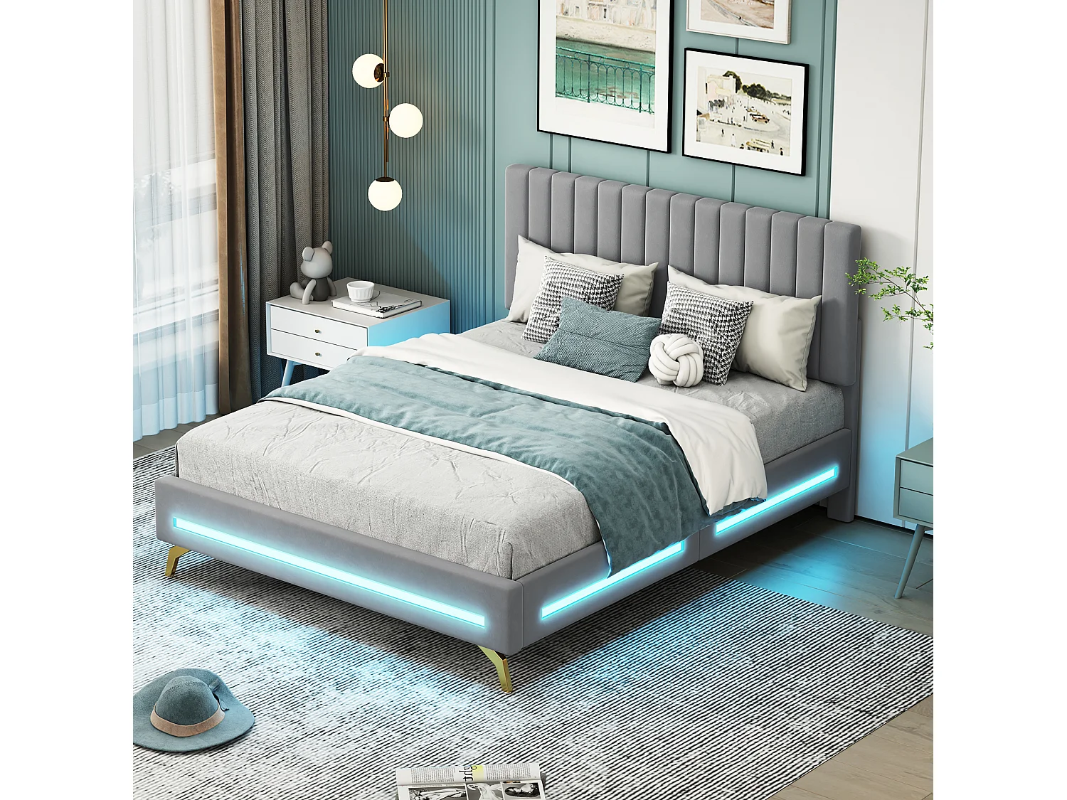 Lit adulte capitonné 140x200cm, cadre de lit avec lampes LED, sommier à lattes, tête de lit réglable, tissu velours, pour adultes et adolescents, gris