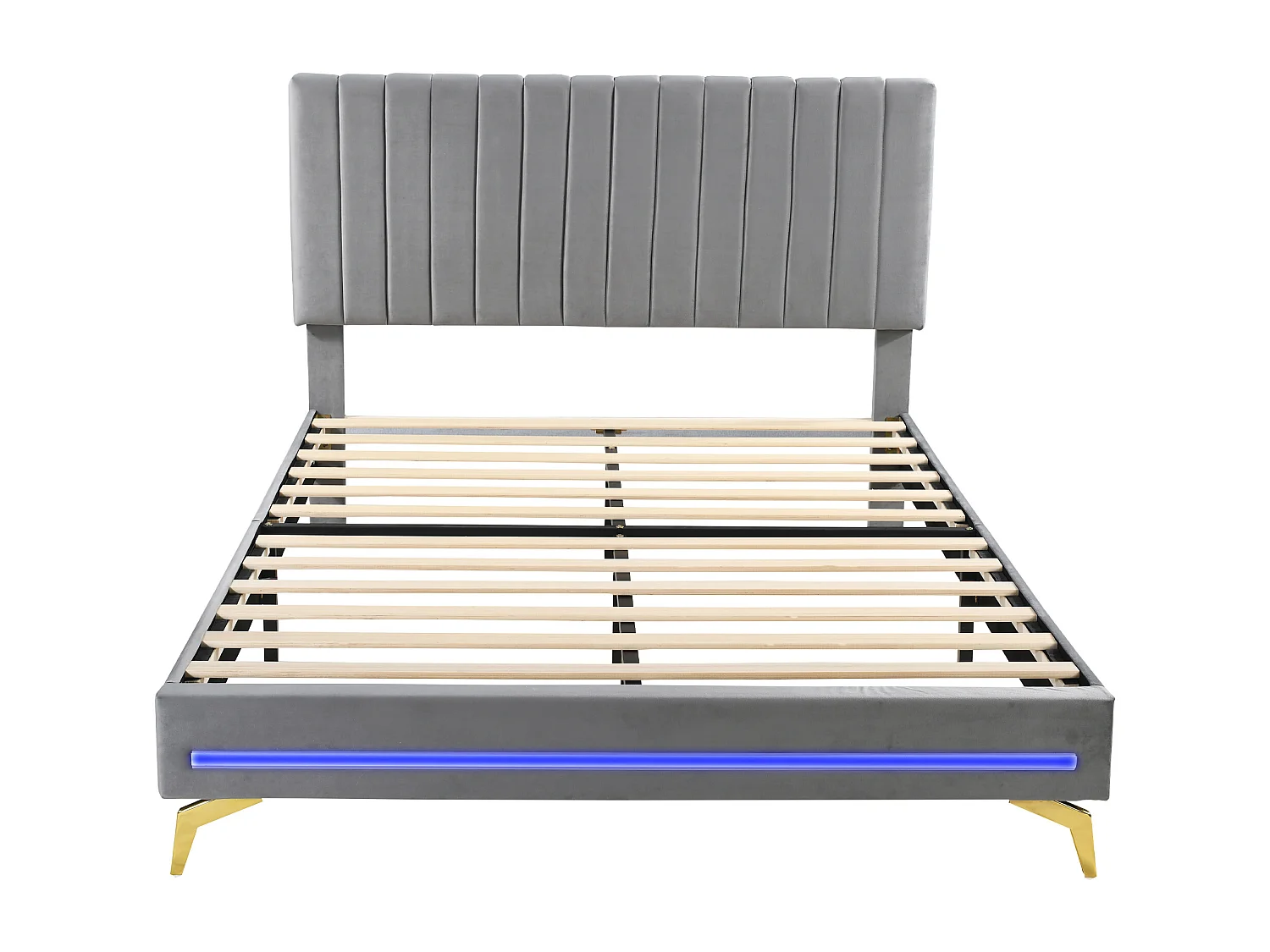 Lit adulte capitonné 140x200cm, cadre de lit avec lampes LED, sommier à lattes, tête de lit réglable, tissu velours, pour adultes et adolescents, gris