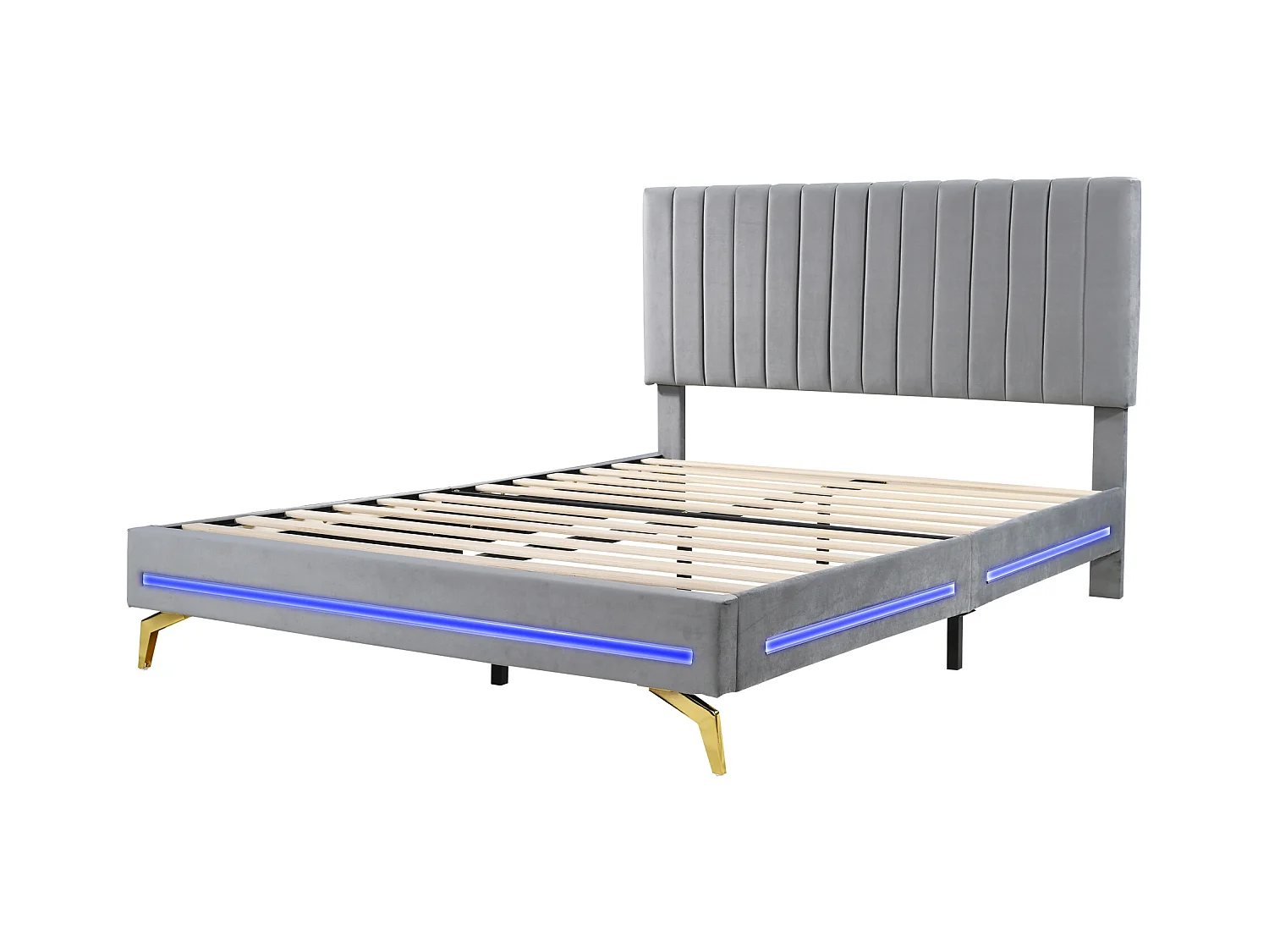 Lit adulte capitonné 140x200cm, cadre de lit avec lampes LED, sommier à lattes, tête de lit réglable, tissu velours, pour adultes et adolescents, gris
