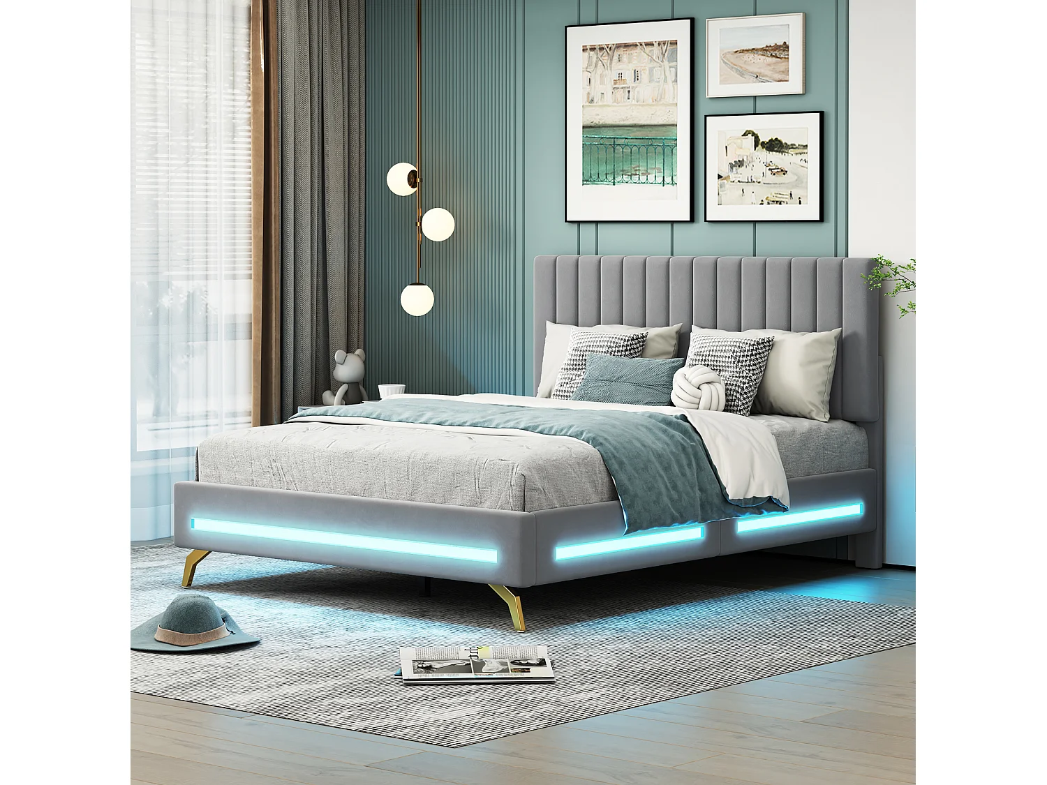 Lit adulte capitonné 140x200cm, cadre de lit avec lampes LED, sommier à lattes, tête de lit réglable, tissu velours, pour adultes et adolescents, gris