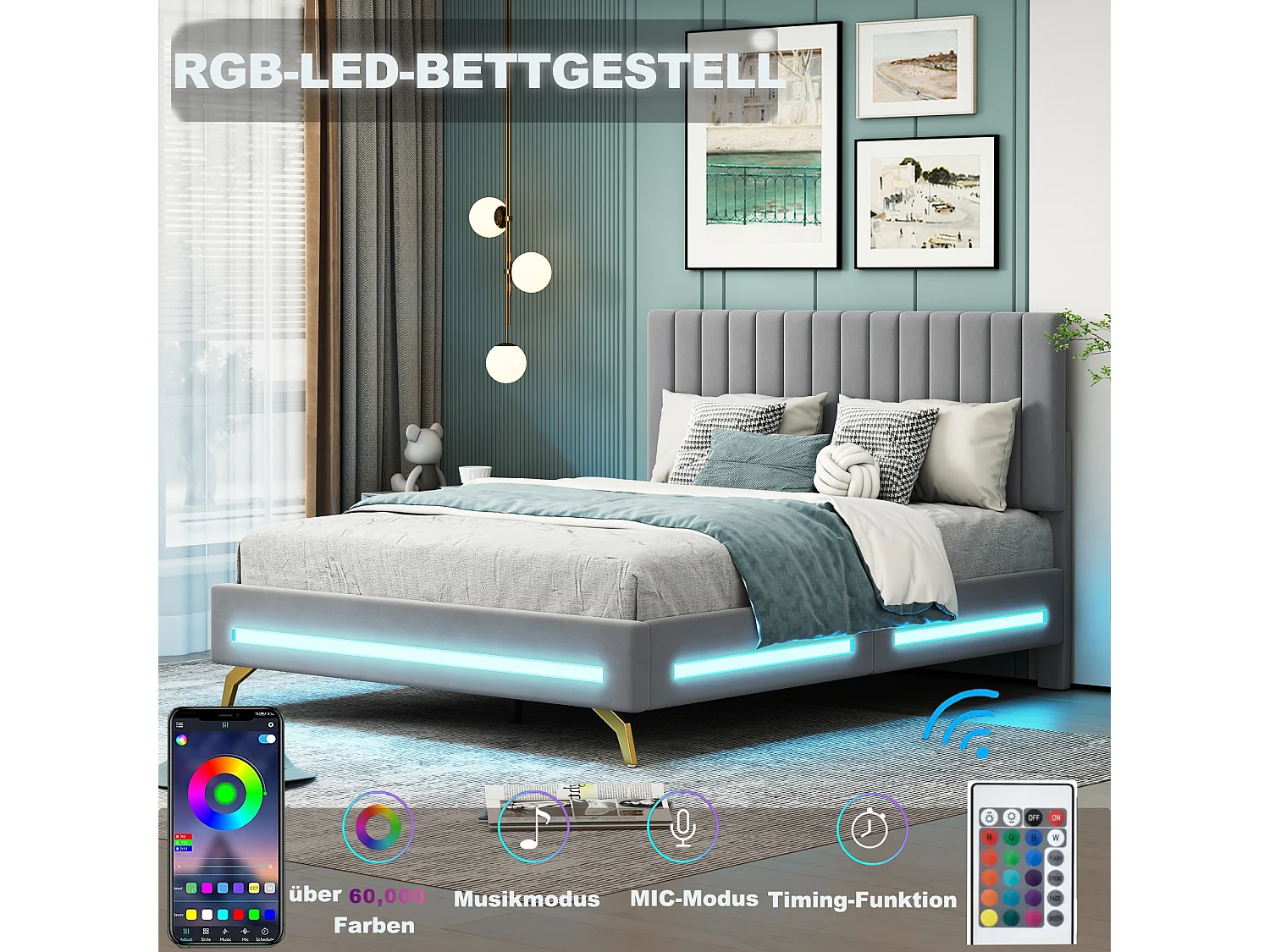 Lit adulte capitonné 140x200cm, cadre de lit avec lampes LED, sommier à lattes, tête de lit réglable, tissu velours, pour adultes et adolescents, gris