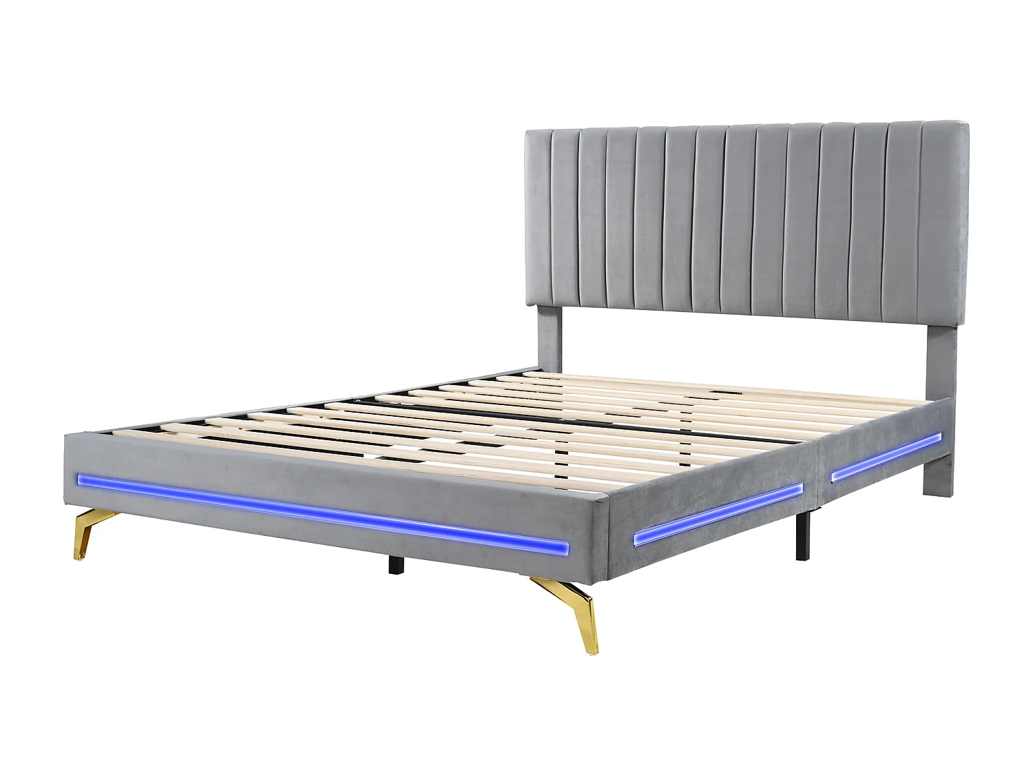 Lit adulte capitonné 140x200cm, cadre de lit avec lampes LED, sommier à lattes, tête de lit réglable, tissu velours, pour adultes et adolescents, gris