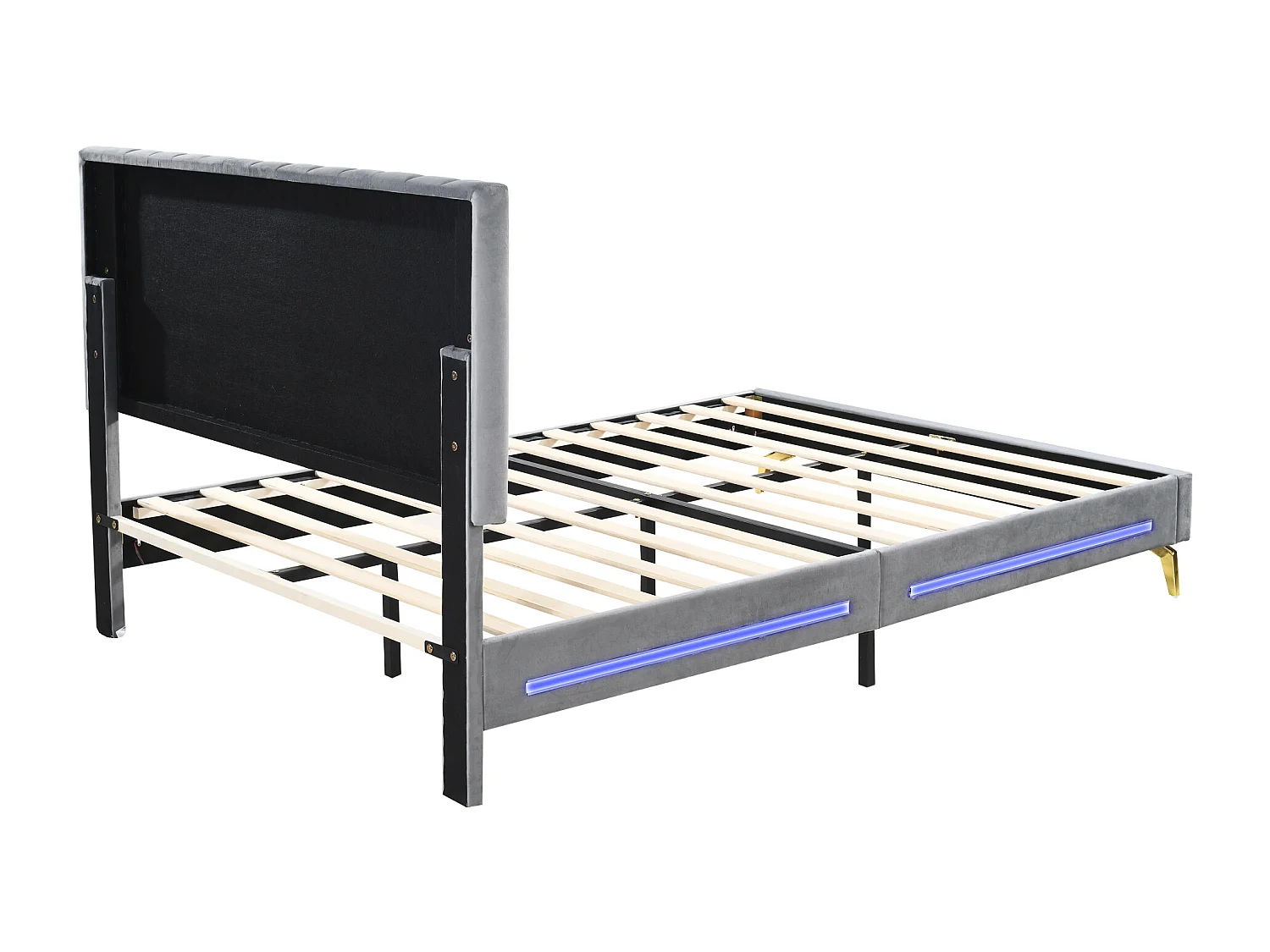 Lit adulte capitonné 140x200cm, cadre de lit avec lampes LED, sommier à lattes, tête de lit réglable, tissu velours, pour adultes et adolescents, gris