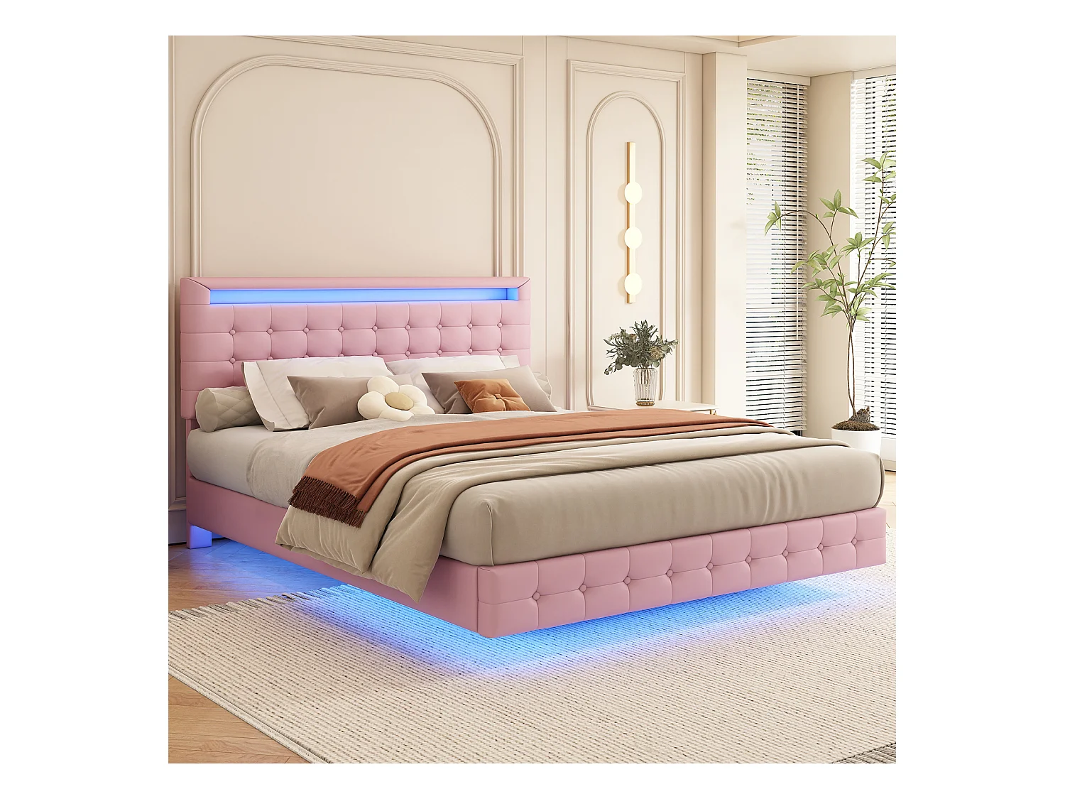 Lit double 140x200cm, lit adulte LED avec sommer à lattes et tête de lit réglable de la hauteur, matériau PU+MDF, rose