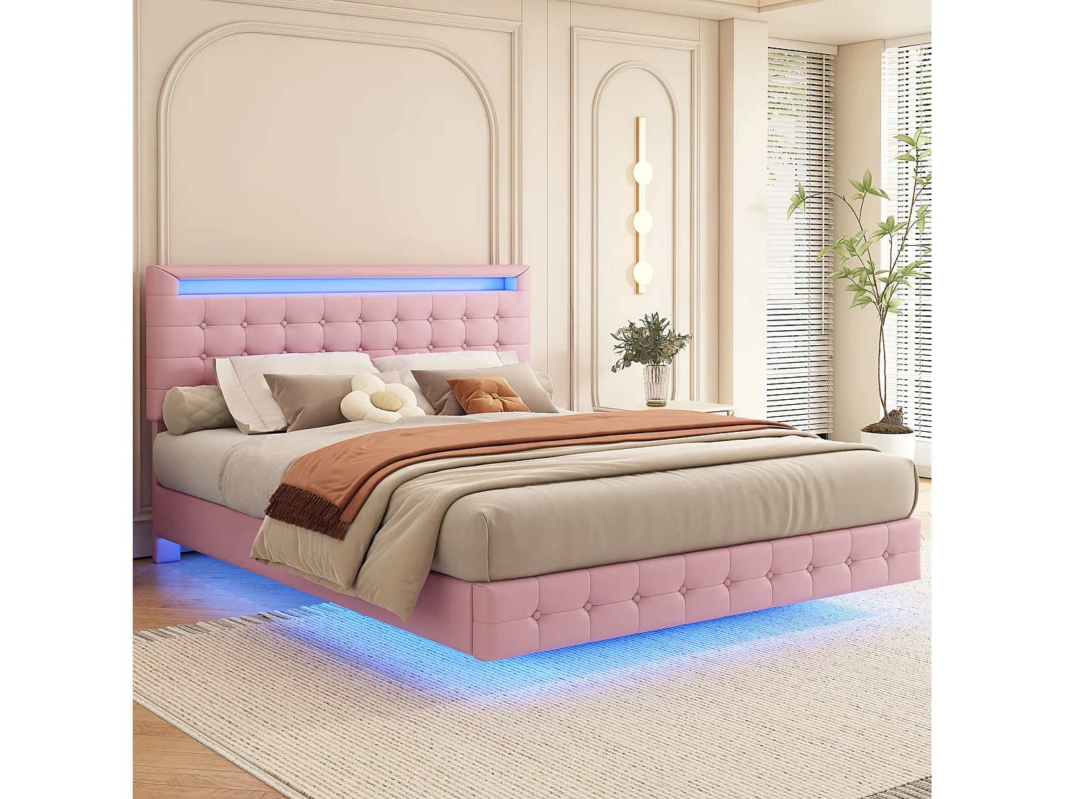 Lit double 140x200cm, lit adulte LED avec sommer à lattes et tête de lit réglable de la hauteur, matériau PU+MDF, rose