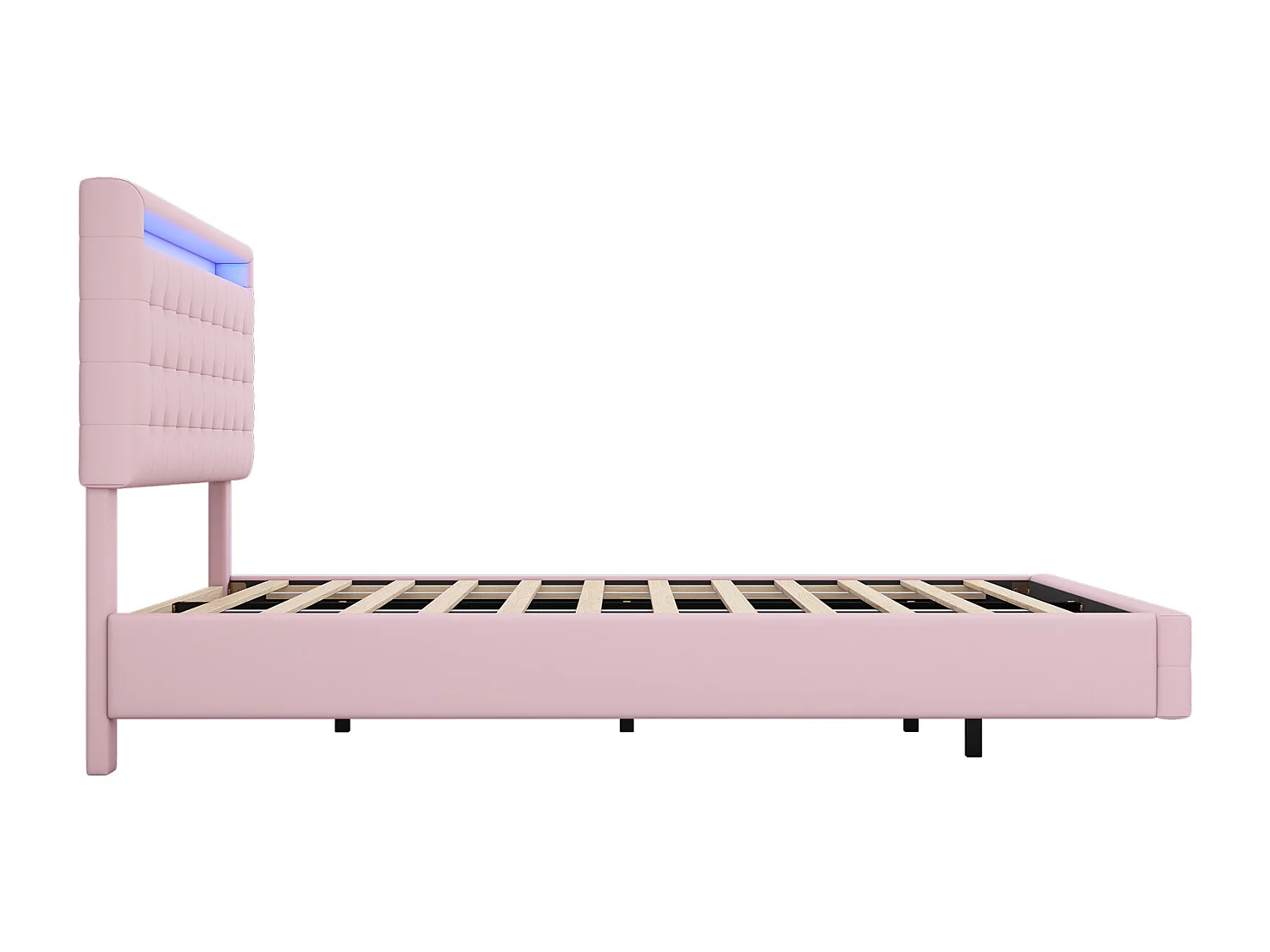 Lit double 140x200cm, lit adulte LED avec sommer à lattes et tête de lit réglable de la hauteur, matériau PU+MDF, rose