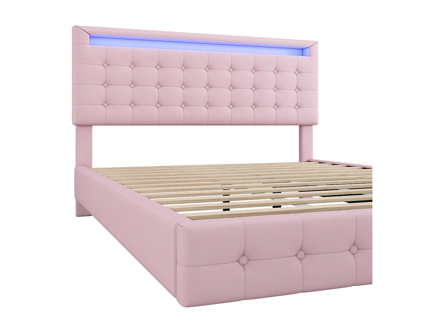 Lit double 140x200cm, lit adulte LED avec sommer à lattes et tête de lit réglable de la hauteur, matériau PU+MDF, rose