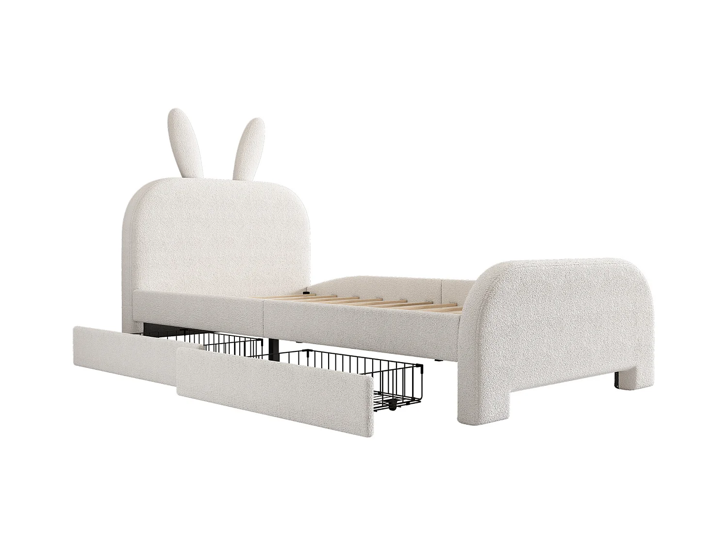 Lit 90x200cm, lit simple enfant avec 2 tiroirs, sommier à lattes et tête de lit en forme de lapin, en laine de mouton, blanc