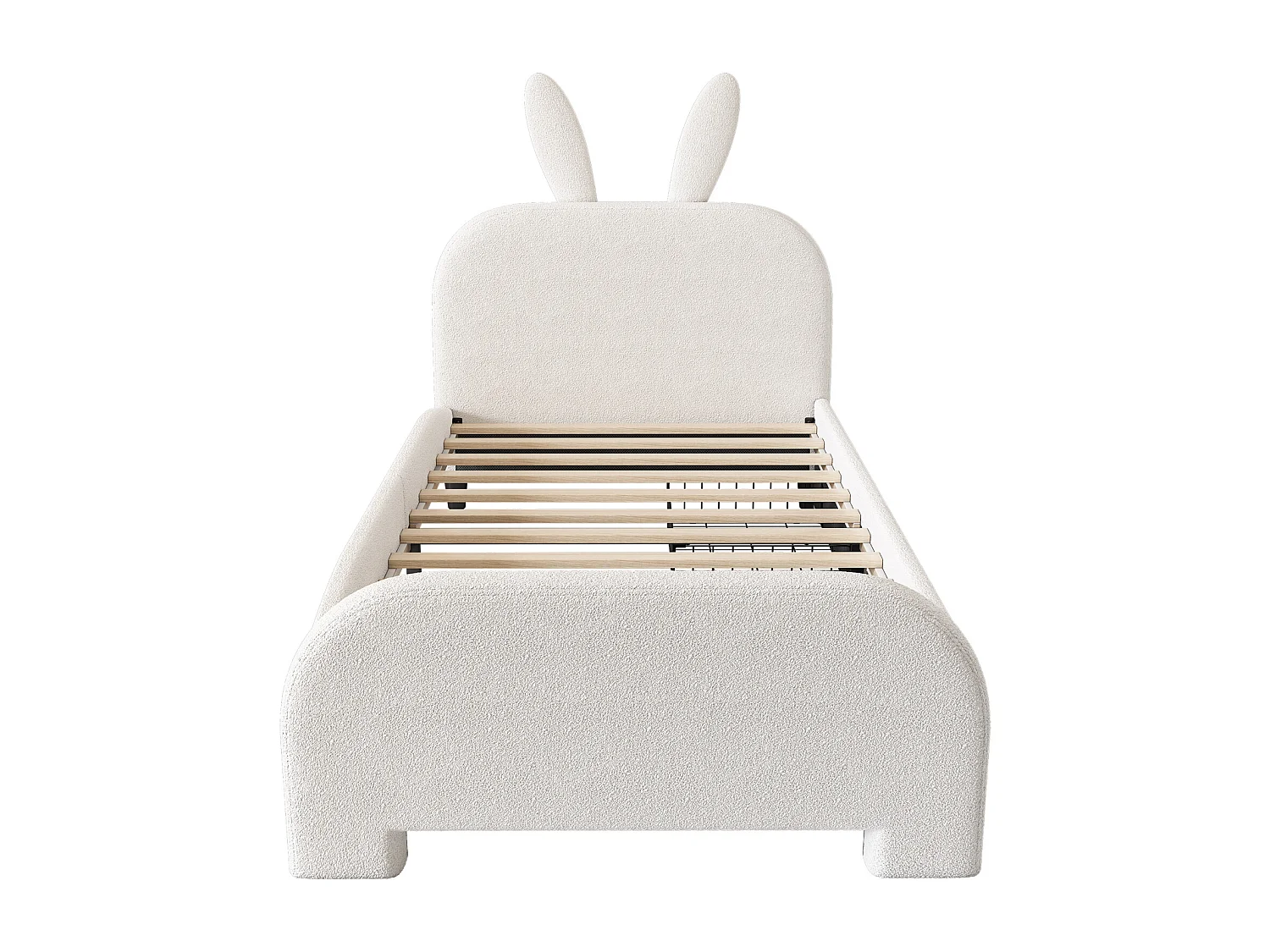 Lit 90x200cm, lit simple enfant avec 2 tiroirs, sommier à lattes et tête de lit en forme de lapin, en laine de mouton, blanc