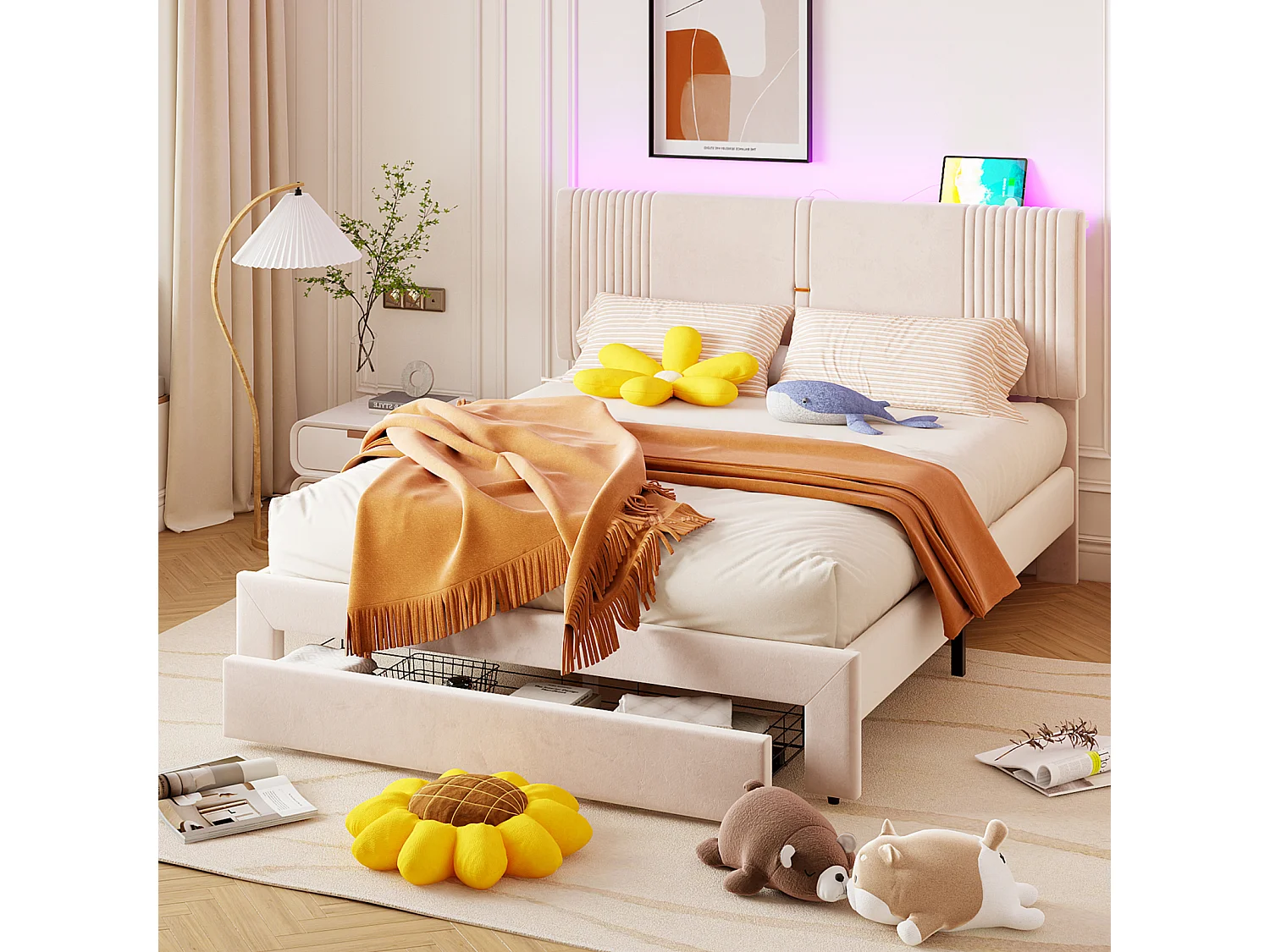 Lit adulte double capitonné, en tissu velours, avec 1 grand tiroir, sommier à lattes, tête de lit avec barre lumineuse et prise USB, beige 160x200cm