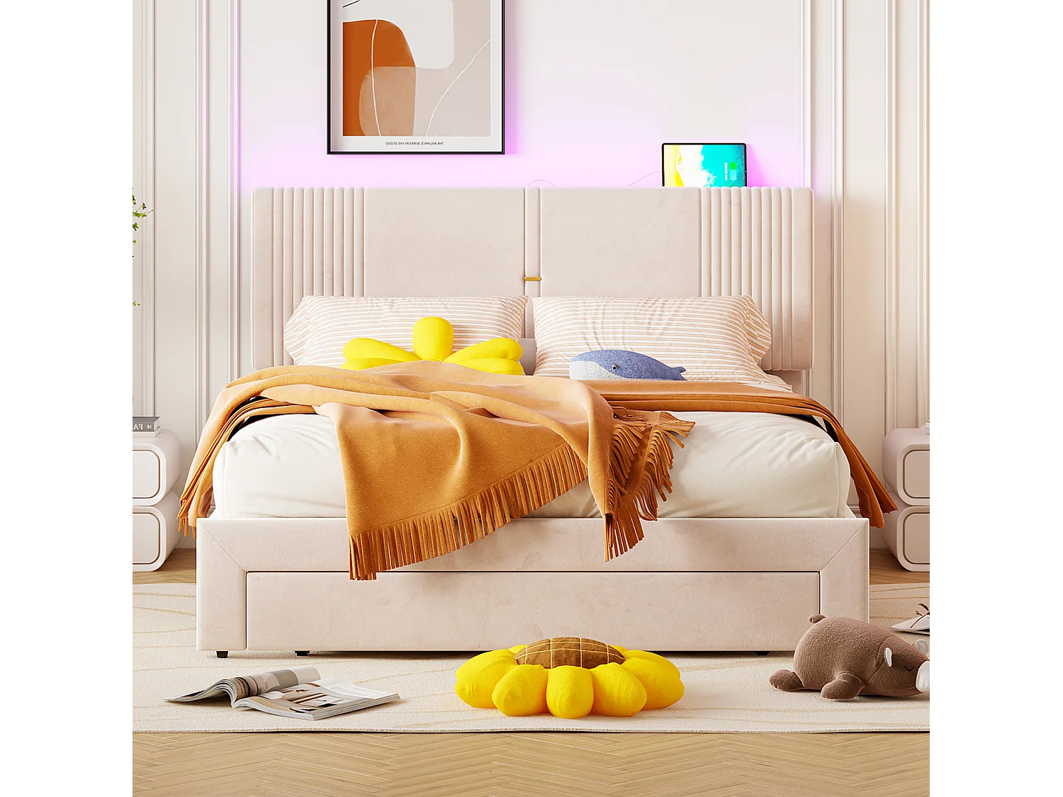 Lit adulte double capitonné, en tissu velours, avec 1 grand tiroir, sommier à lattes, tête de lit avec barre lumineuse et prise USB, beige 160x200cm