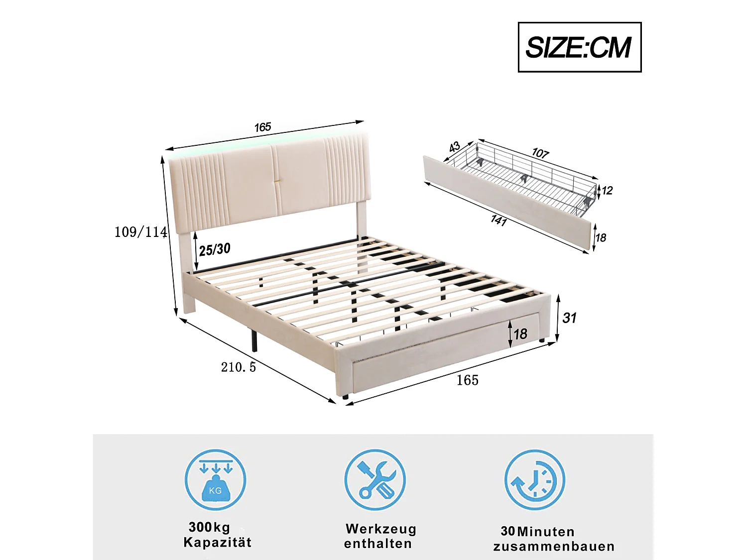 Lit adulte double capitonné, en tissu velours, avec 1 grand tiroir, sommier à lattes, tête de lit avec barre lumineuse et prise USB, beige 160x200cm