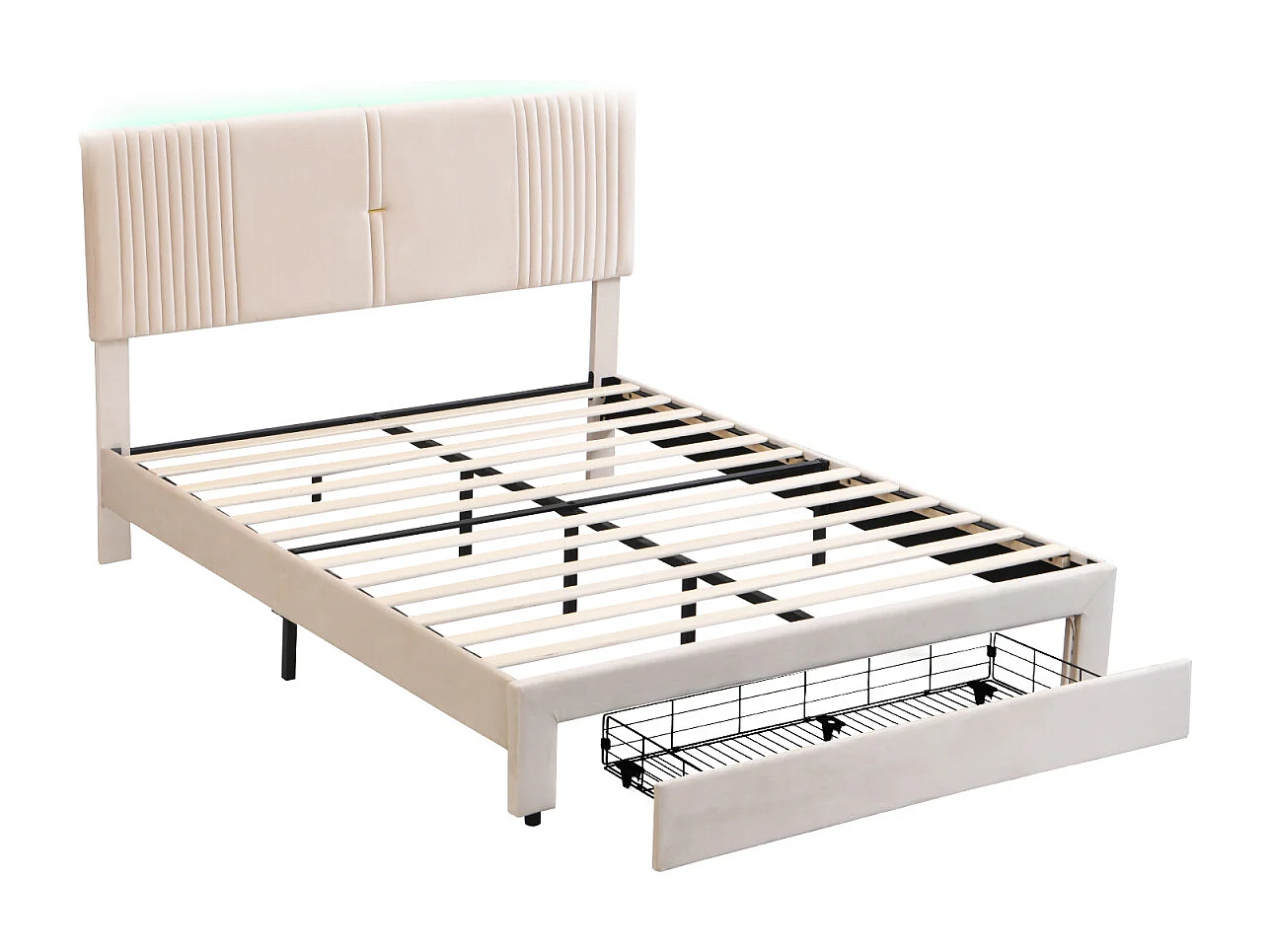 Lit adulte double capitonné, en tissu velours, avec 1 grand tiroir, sommier à lattes, tête de lit avec barre lumineuse et prise USB, beige 160x200cm