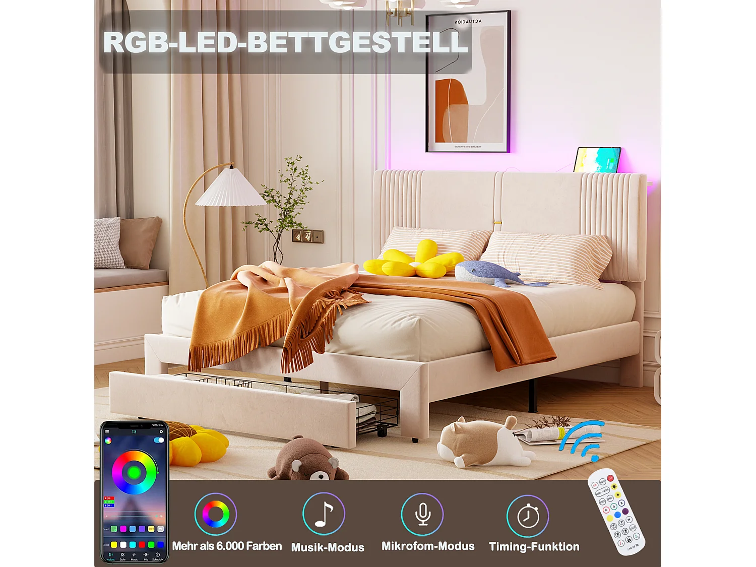 Lit adulte double capitonné, en tissu velours, avec 1 grand tiroir, sommier à lattes, tête de lit avec barre lumineuse et prise USB, beige 160x200cm