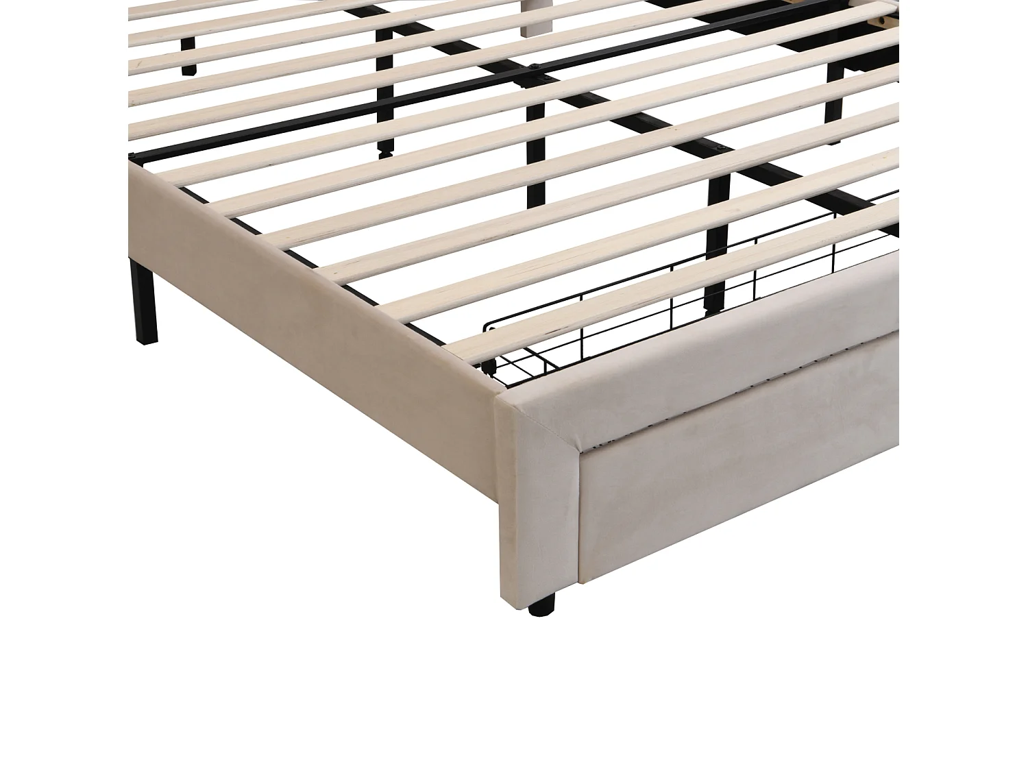 Lit adulte double capitonné, en tissu velours, avec 1 grand tiroir, sommier à lattes, tête de lit avec barre lumineuse et prise USB, beige 160x200cm