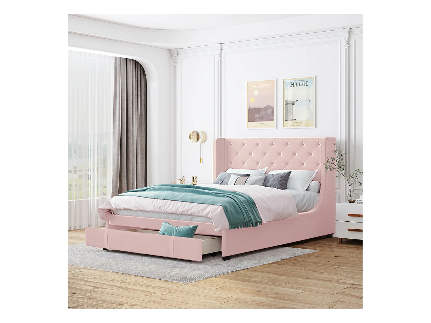 Lit double 140x200 cm avec grands tiroir - lit capitonné avec sommier à lattes et dossier de lit en tissu pro-lin - lit adulte rose