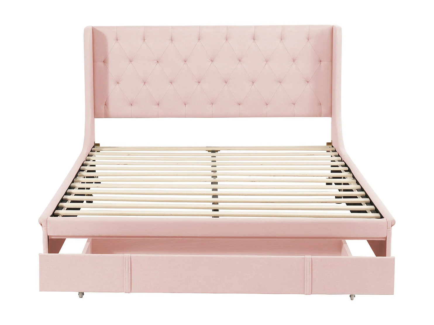 Lit double 140x200 cm avec grands tiroir - lit capitonné avec sommier à lattes et dossier de lit en tissu pro-lin - lit adulte rose