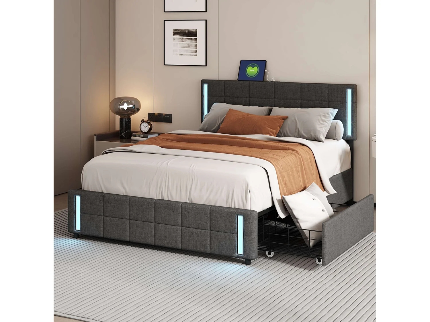 Cama de adulto 140x200cm, cama de casal com 4 gavetas, estrado de ripas, cabeceira com LED e 2 postos de carregamento USB, linho, cinzento