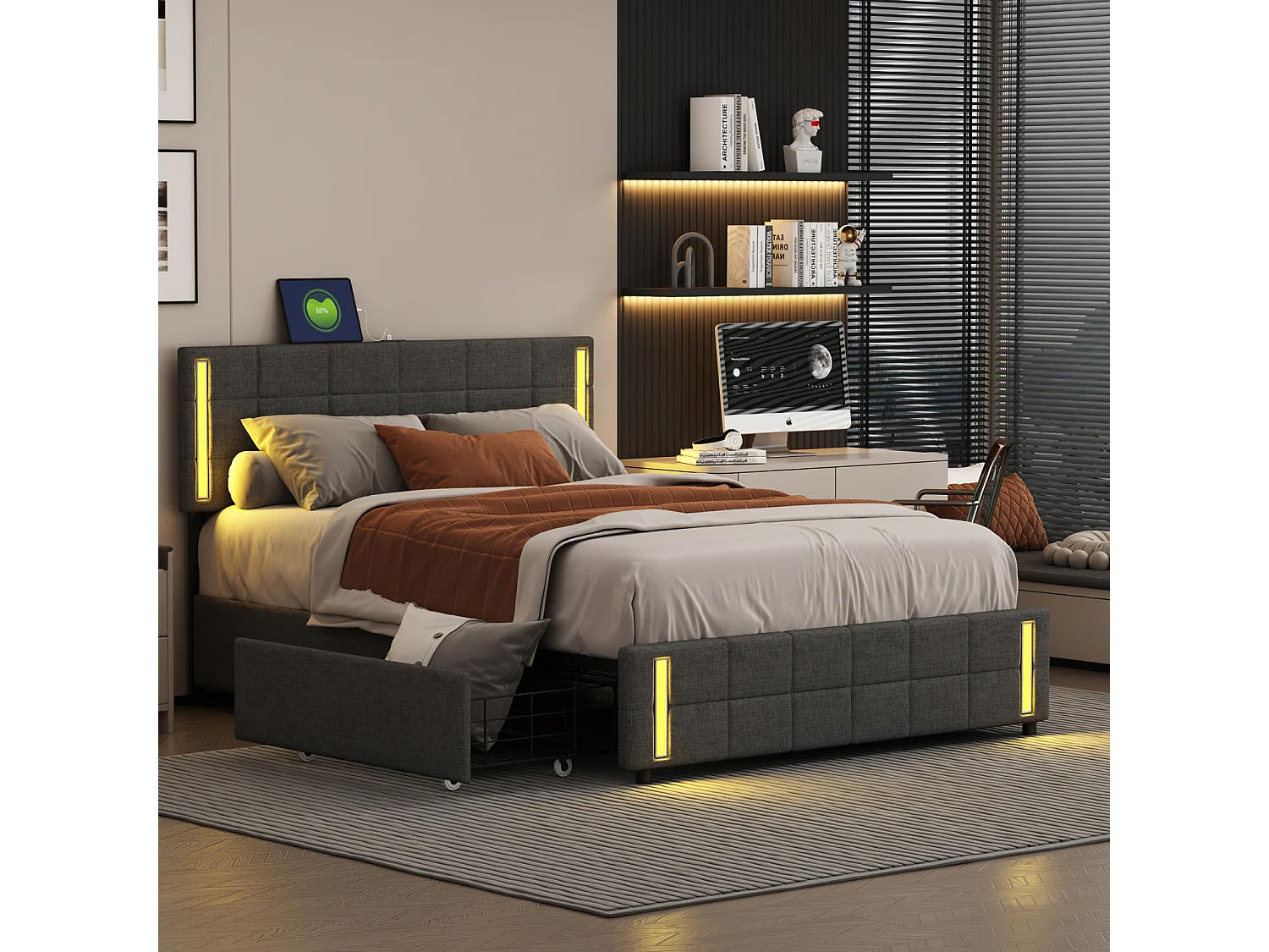 Cama de adulto 140x200cm, cama de casal com 4 gavetas, estrado de ripas, cabeceira com LED e 2 postos de carregamento USB, linho, cinzento