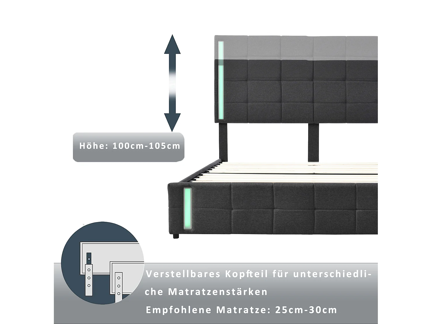 Cama de adulto 140x200cm, cama de casal com 4 gavetas, estrado de ripas, cabeceira com LED e 2 postos de carregamento USB, linho, cinzento