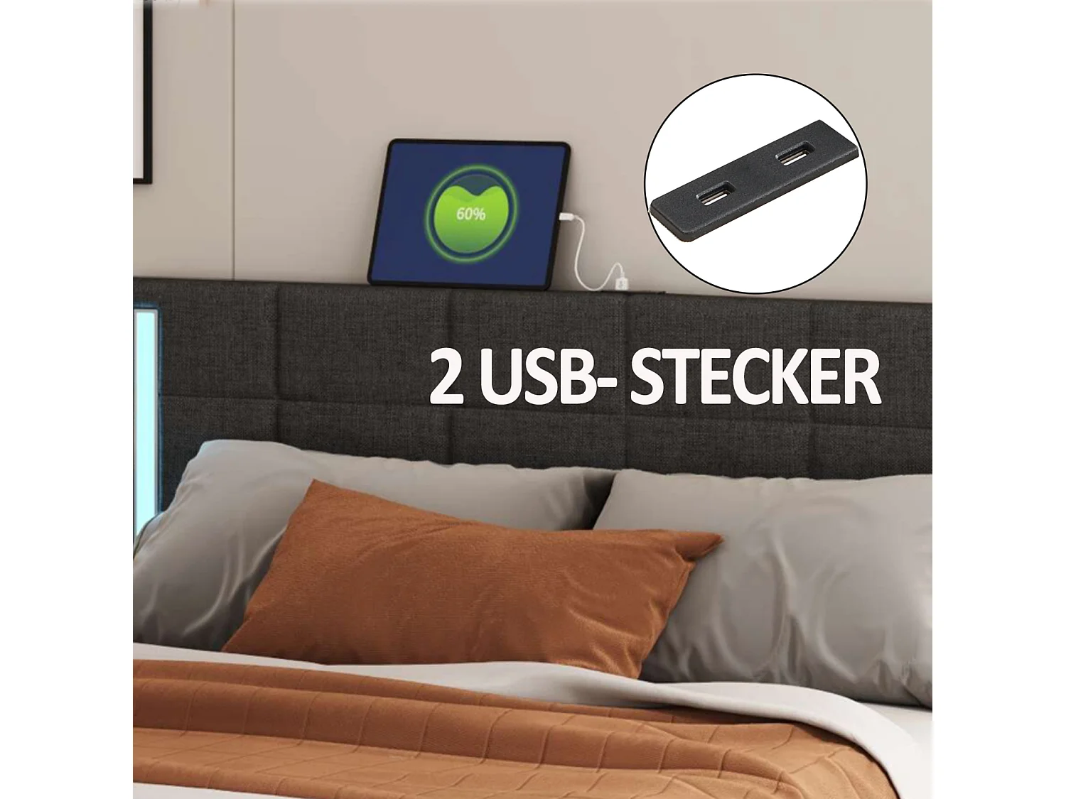 Cama de adulto 140x200cm, cama de casal com 4 gavetas, estrado de ripas, cabeceira com LED e 2 postos de carregamento USB, linho, cinzento