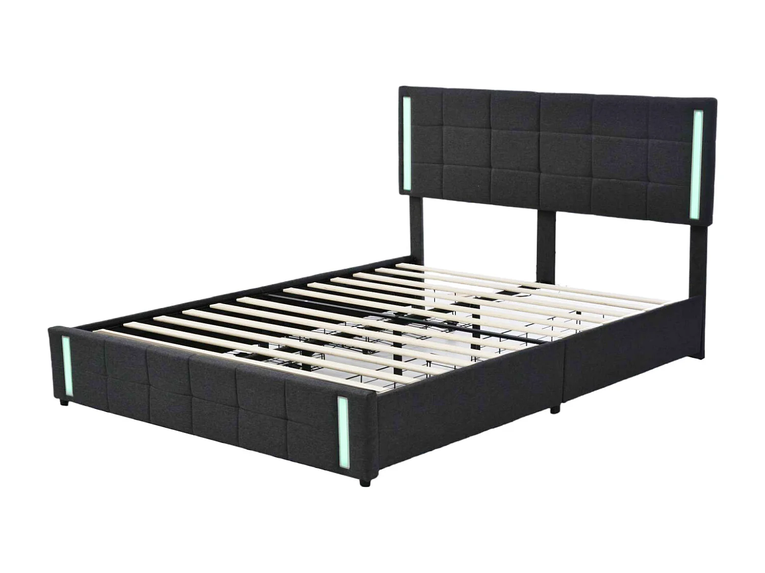 Cama de adulto 140x200cm, cama de casal com 4 gavetas, estrado de ripas, cabeceira com LED e 2 postos de carregamento USB, linho, cinzento