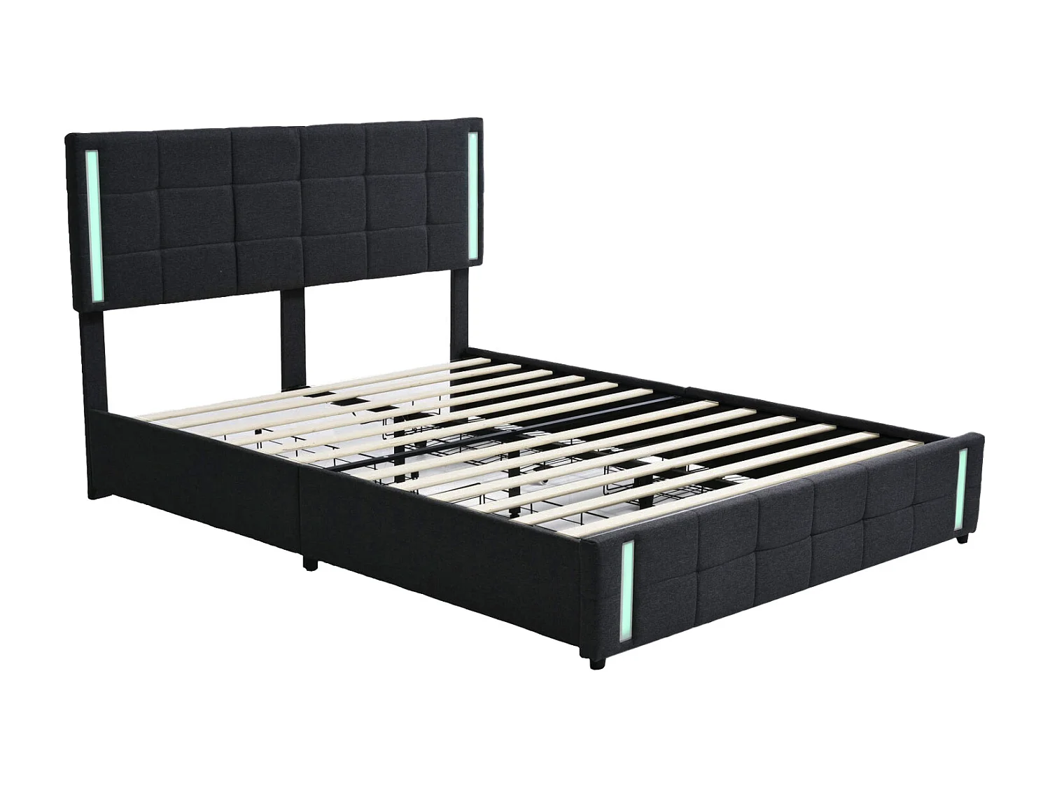 Cama de adulto 140x200cm, cama de casal com 4 gavetas, estrado de ripas, cabeceira com LED e 2 postos de carregamento USB, linho, cinzento