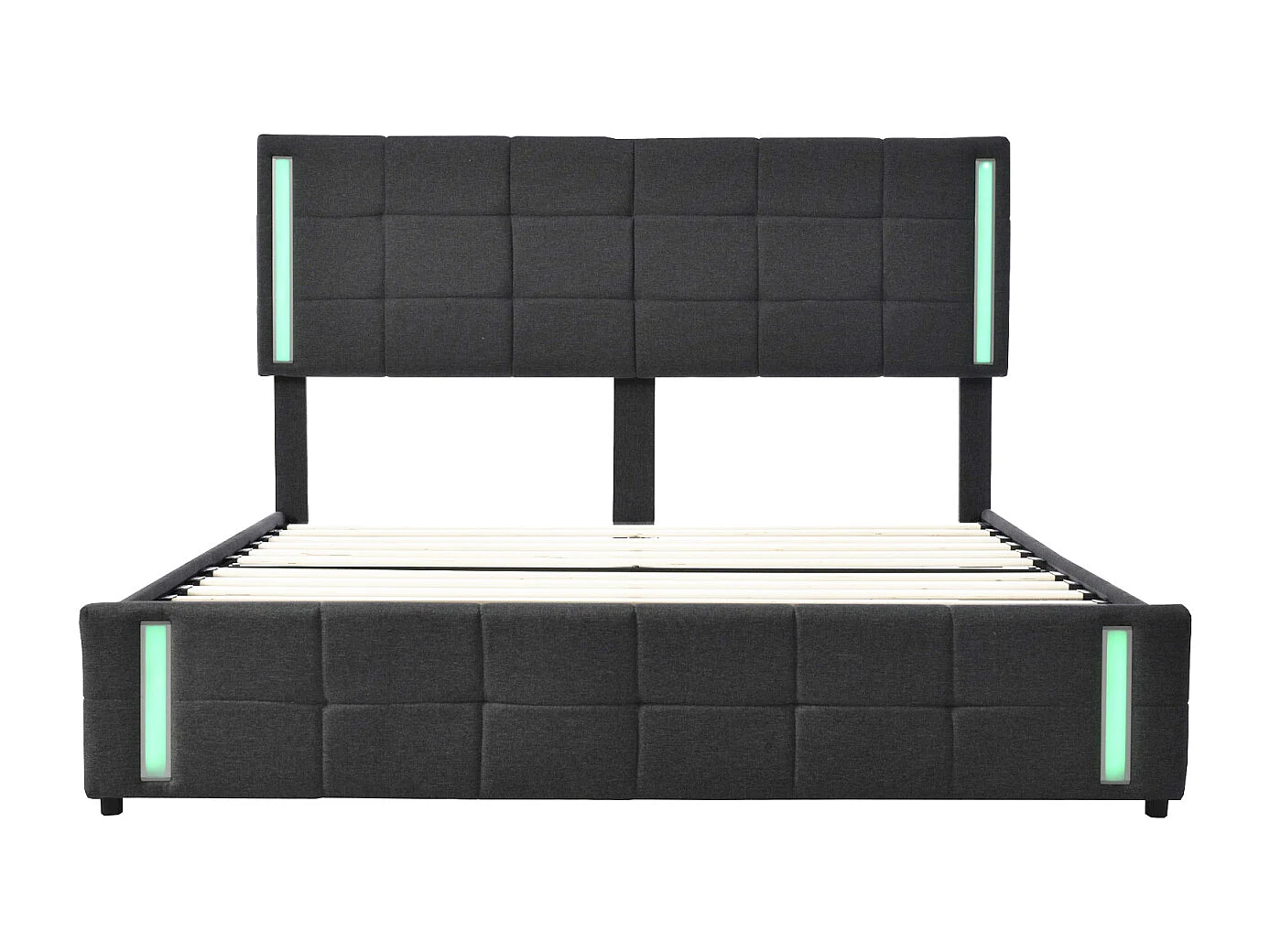 Cama de adulto 140x200cm, cama de casal com 4 gavetas, estrado de ripas, cabeceira com LED e 2 postos de carregamento USB, linho, cinzento