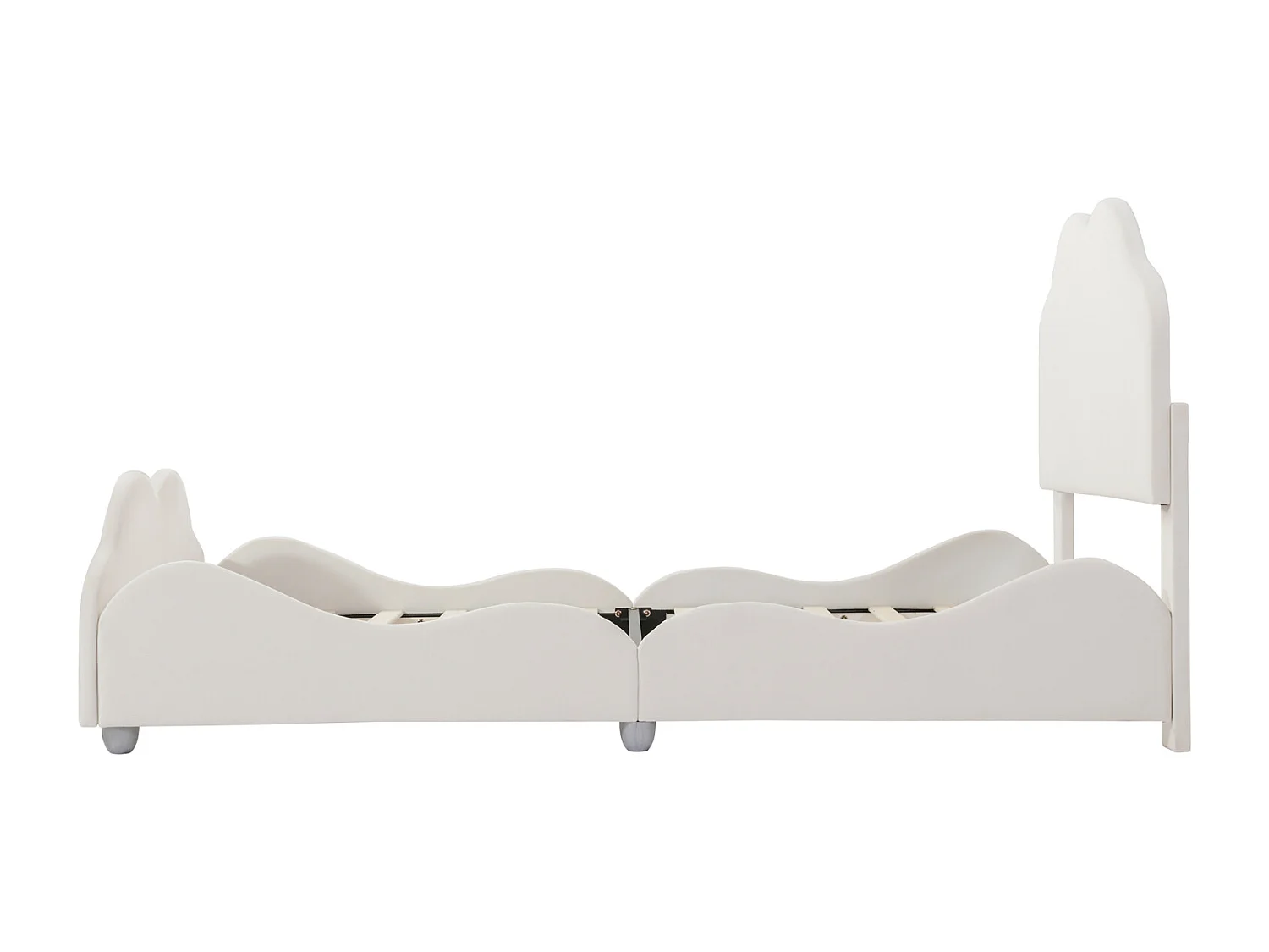 Cama individual 90x200cm, cama de criança com estrado de ripas e cabeceira e peseira em forma de nuvem, cama em veludo bege