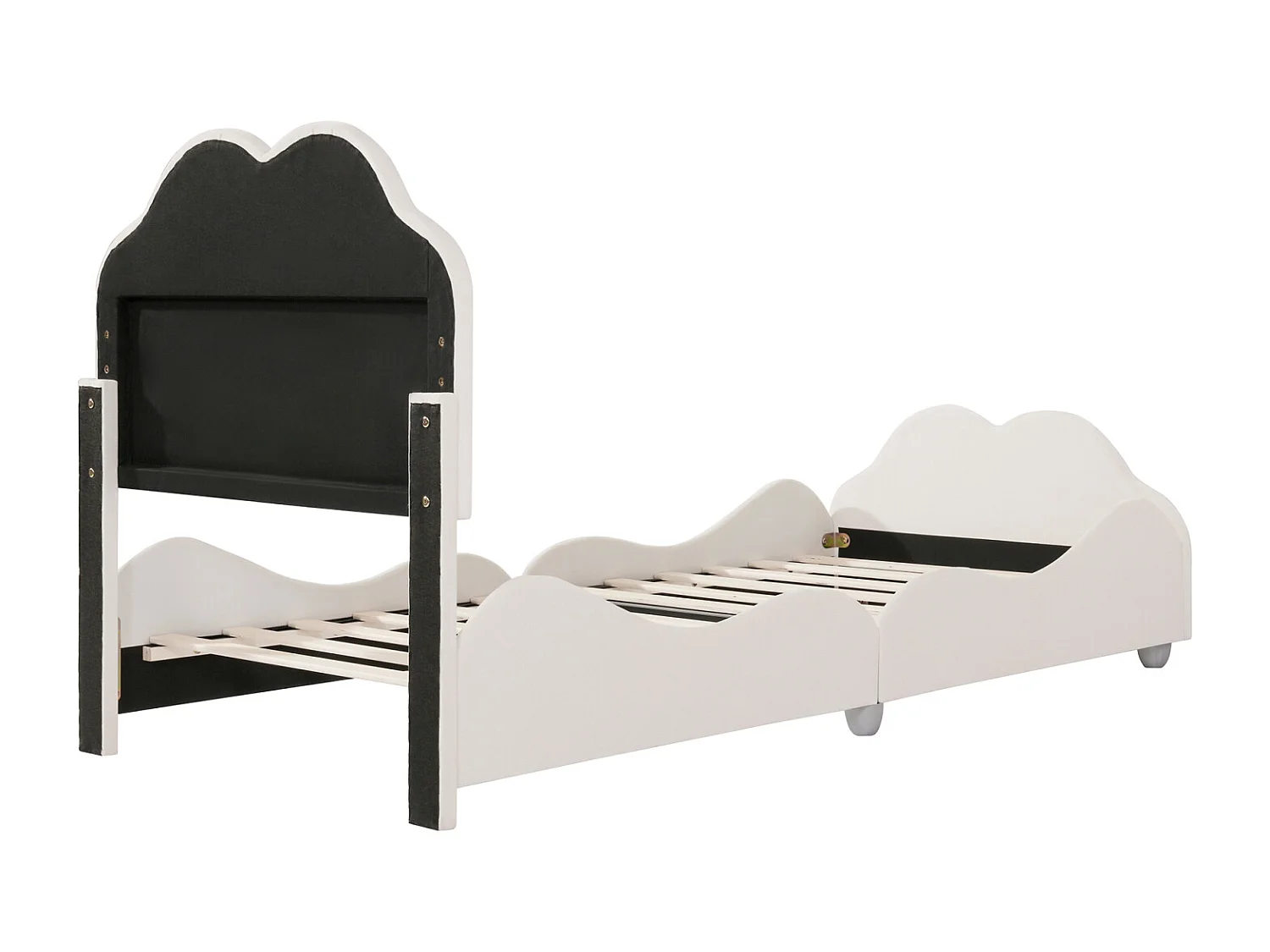 Cama individual 90x200cm, cama de criança com estrado de ripas e cabeceira e peseira em forma de nuvem, cama em veludo bege