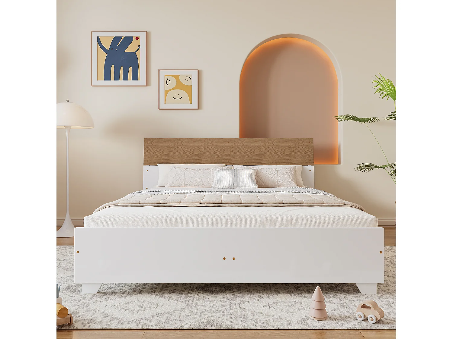 Cama de matrimonio 160x200cm, cama de adulto con somier y cabecero, pino + MDF + tablero multicapa, blanco + natural