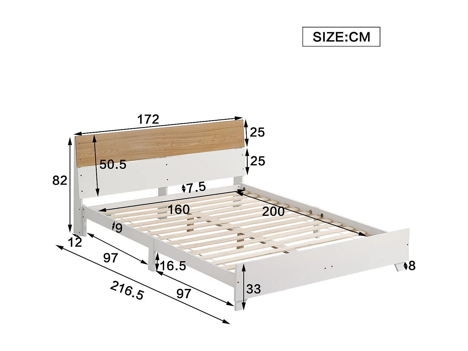 Cama de matrimonio 160x200cm, cama de adulto con somier y cabecero, pino + MDF + tablero multicapa, blanco + natural