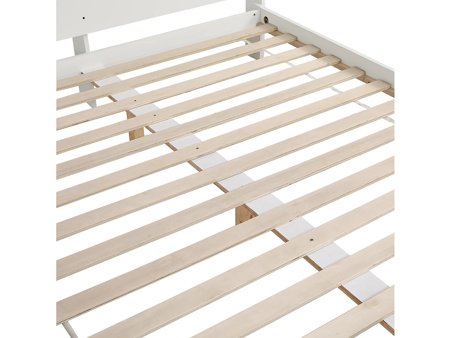 Cama de matrimonio 160x200cm, cama de adulto con somier y cabecero, pino + MDF + tablero multicapa, blanco + natural