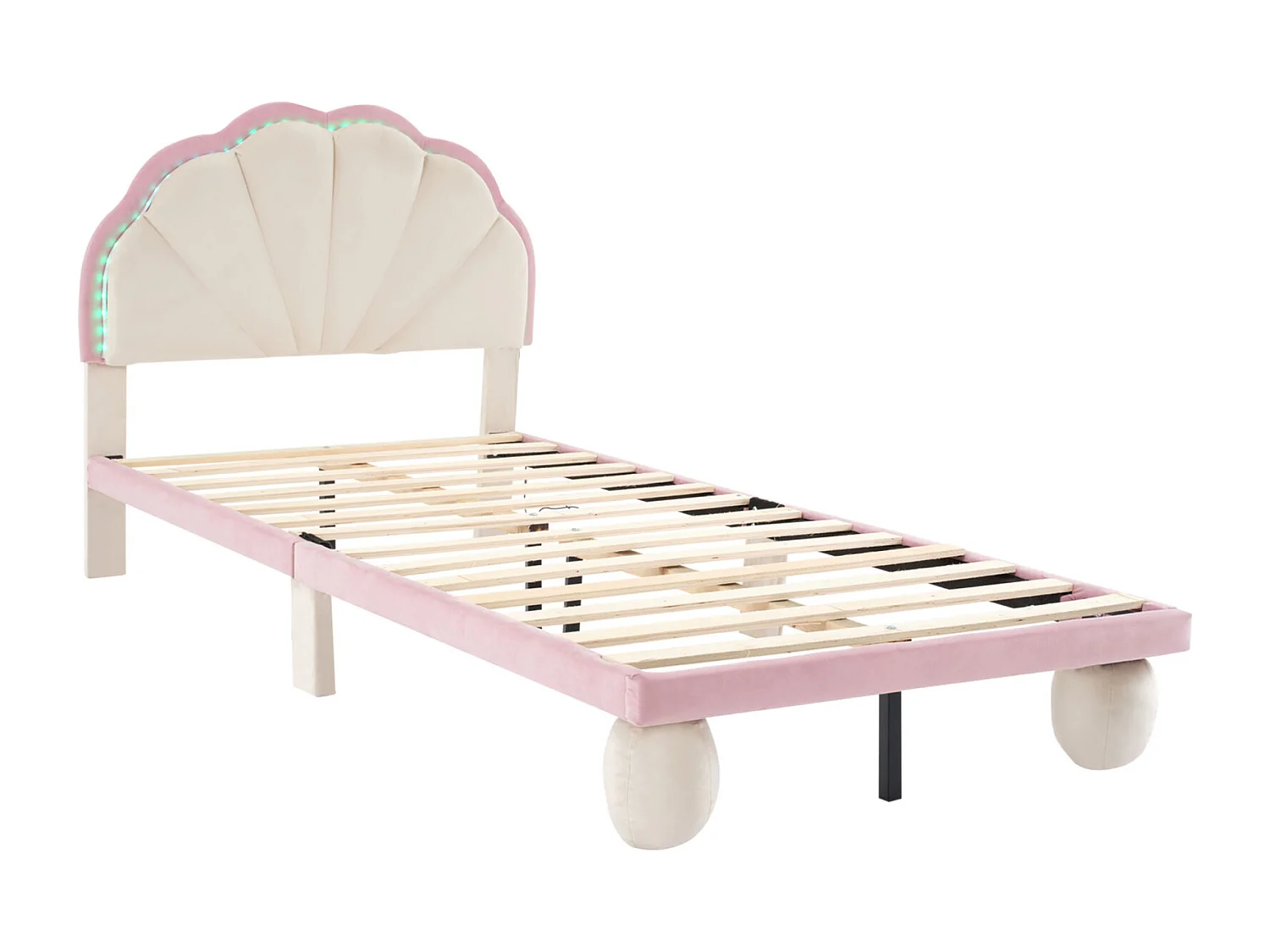 Lit simple d'enfant 90x200cm avec bandes lumineuses LED, lit plat velours avec sommier à lattes et tête de lit ondulée, beige+rose