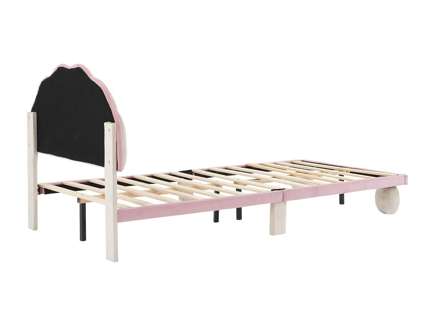 Lit simple d'enfant 90x200cm avec bandes lumineuses LED, lit plat velours avec sommier à lattes et tête de lit ondulée, beige+rose