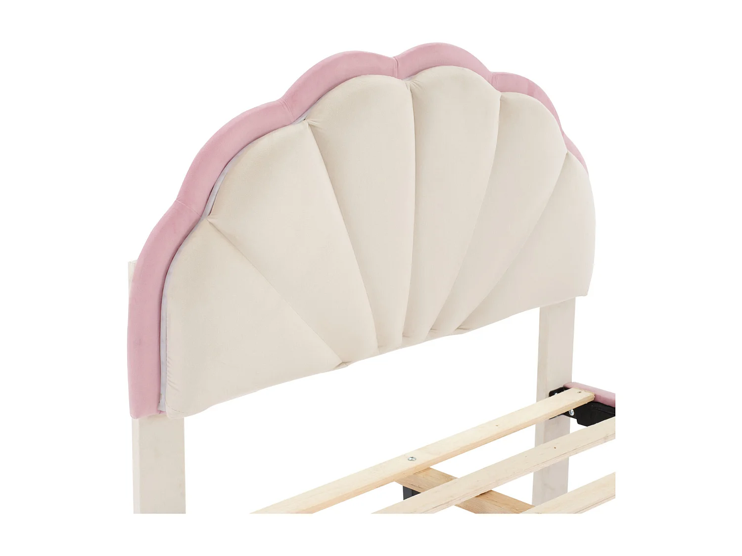 Lit simple d'enfant 90x200cm avec bandes lumineuses LED, lit plat velours avec sommier à lattes et tête de lit ondulée, beige+rose