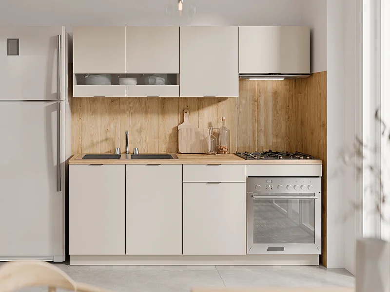 Cozinha completa com plano de trabalho 200 cm bege e natural - CARMEO