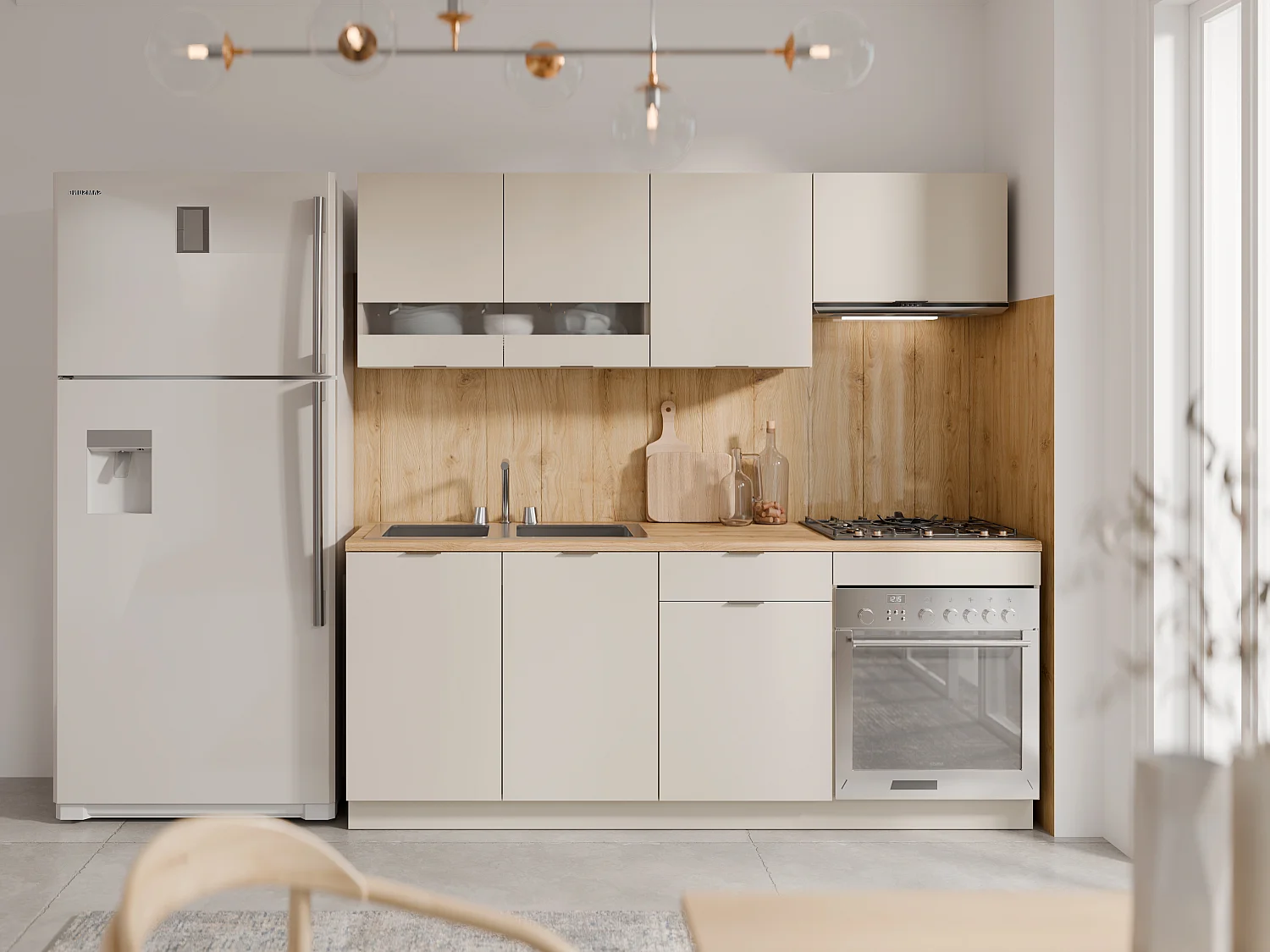 Cuisine complète - Avec plan de travail 200 cm - Beige et Naturel - CARMEO