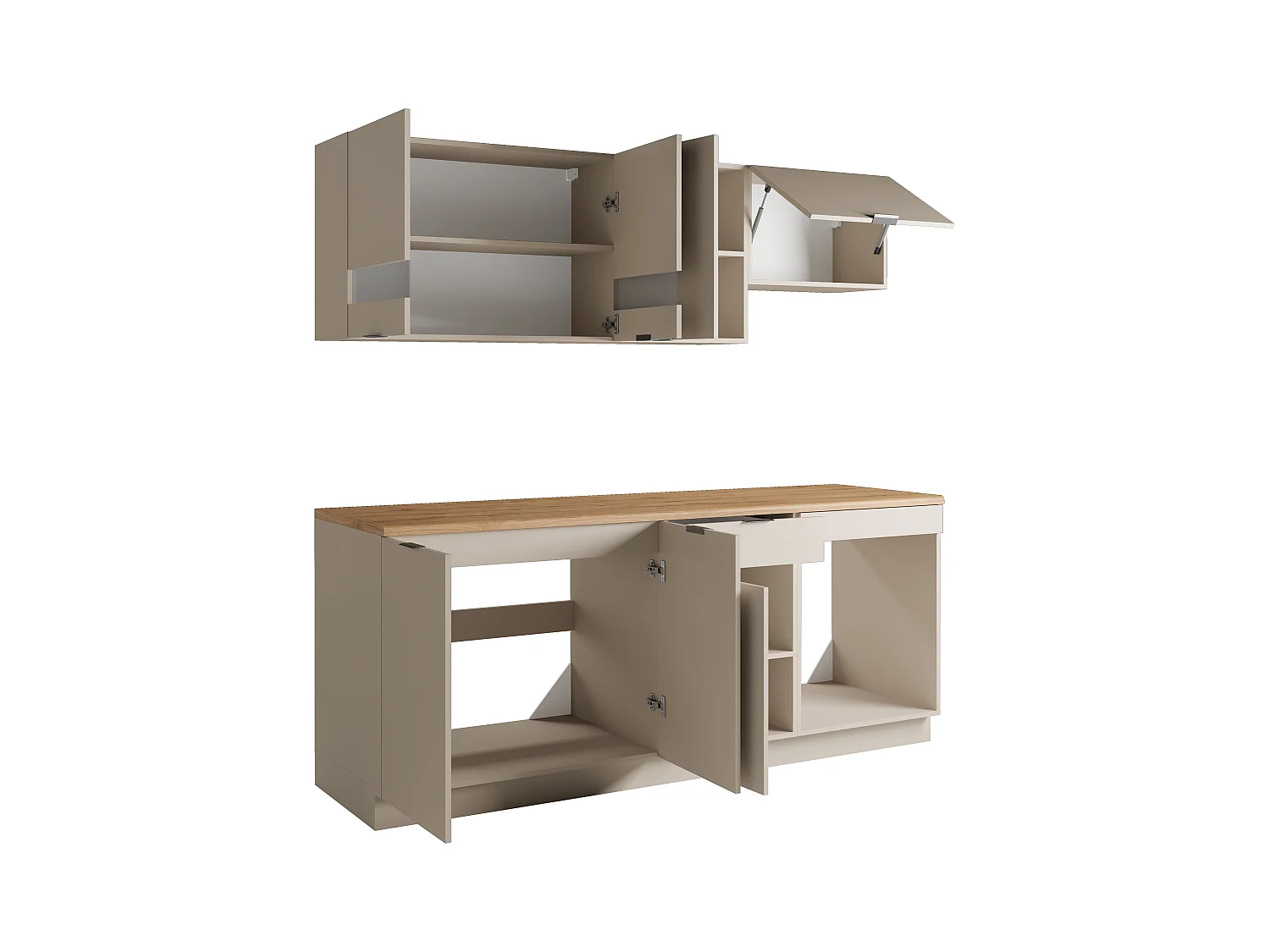 Cozinha completa com plano de trabalho 200 cm bege e natural - CARMEO