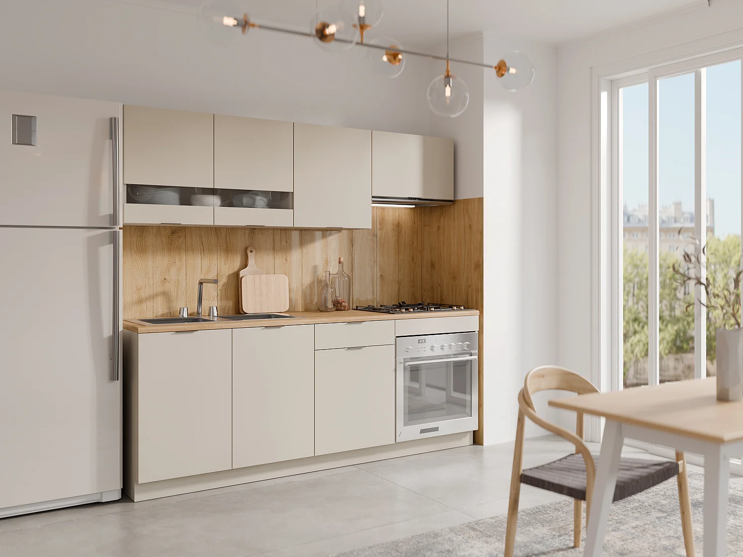 Cuisine complète - Avec plan de travail 200 cm - Beige et Naturel - CARMEO