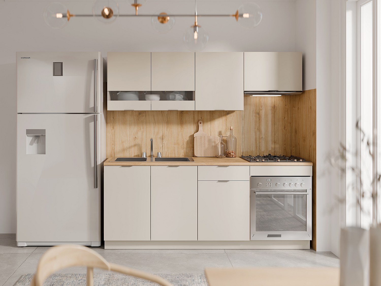 Küchenzeile - Mit Arbeitsplatte 200 cm - Beige & Holzfarben - CARMEO günstig online kaufen