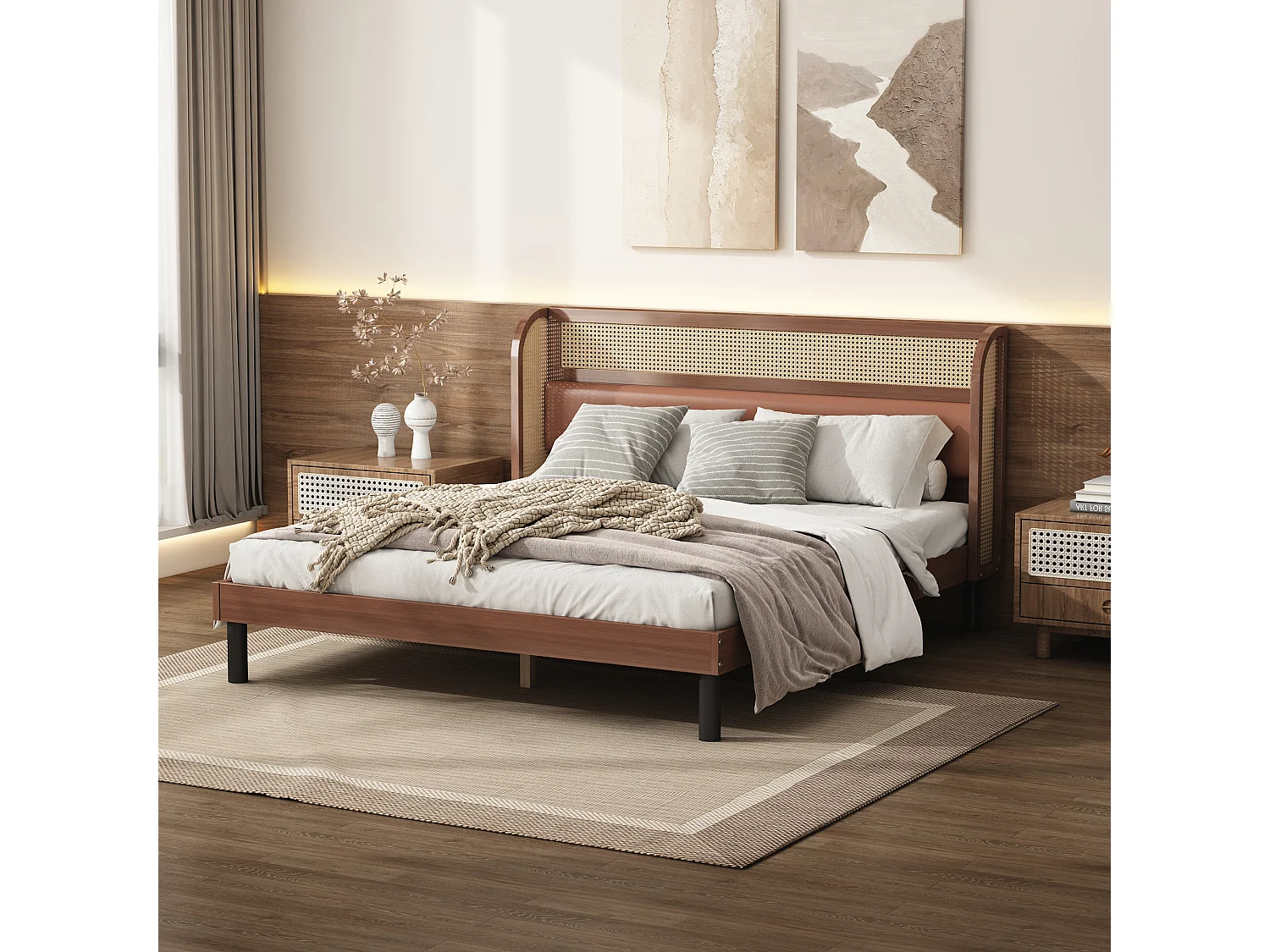 Cama de adulto 160x200cm, cama de casal em madeira de pinho + MDF, com estrado de ripas de madeira, e cabeceira de design em PVC + PU rattan, nogueira