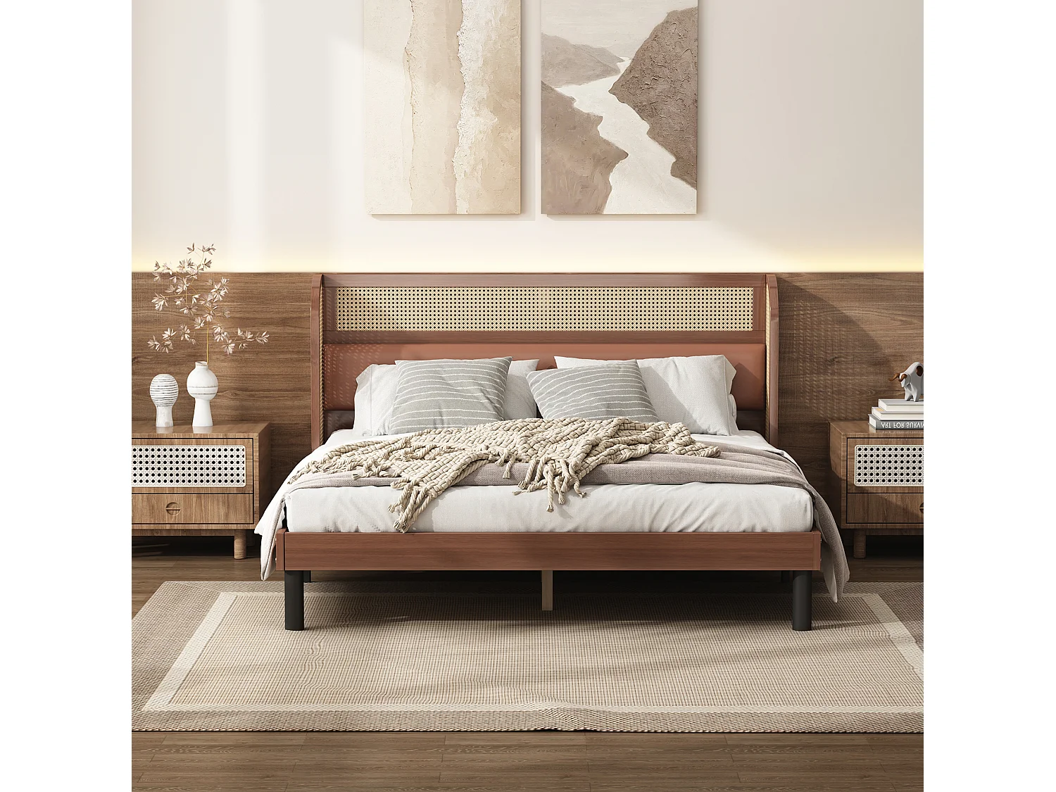 Cama de adulto 160x200cm, cama de casal em madeira de pinho + MDF, com estrado de ripas de madeira, e cabeceira de design em PVC + PU rattan, nogueira